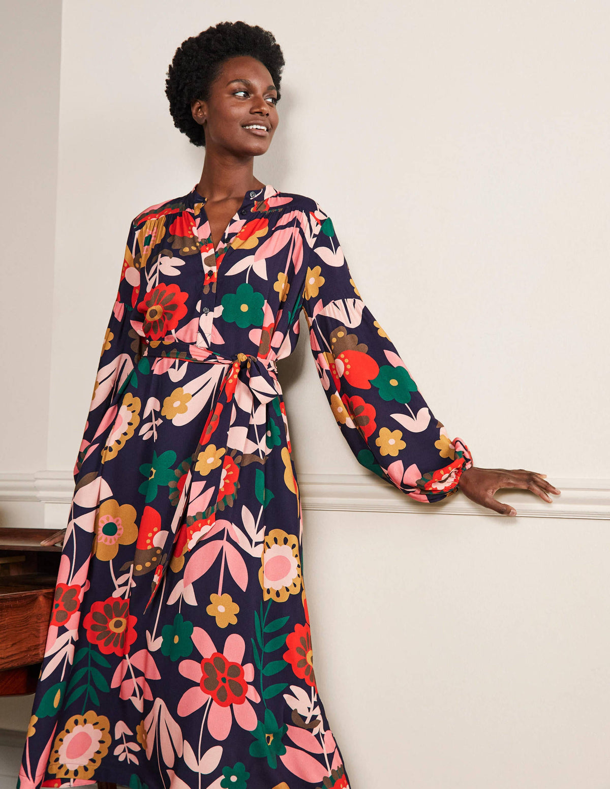 Blouson Sleeve Midi Dress-French Navy, Flora Bloom - Image 1