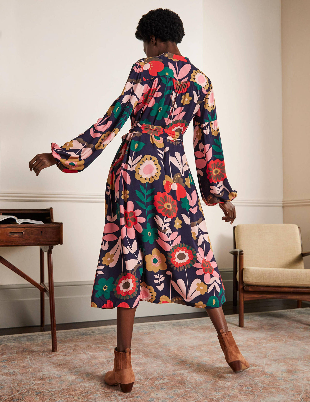 Blouson Sleeve Midi Dress-French Navy, Flora Bloom-3