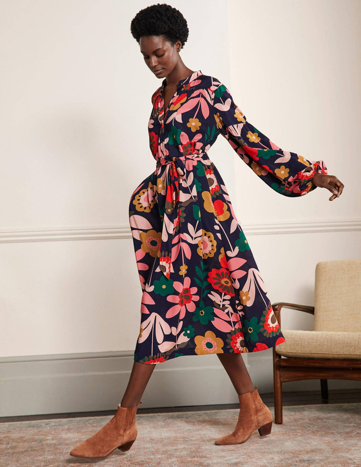 Blouson Sleeve Midi Dress-French Navy, Flora Bloom-4