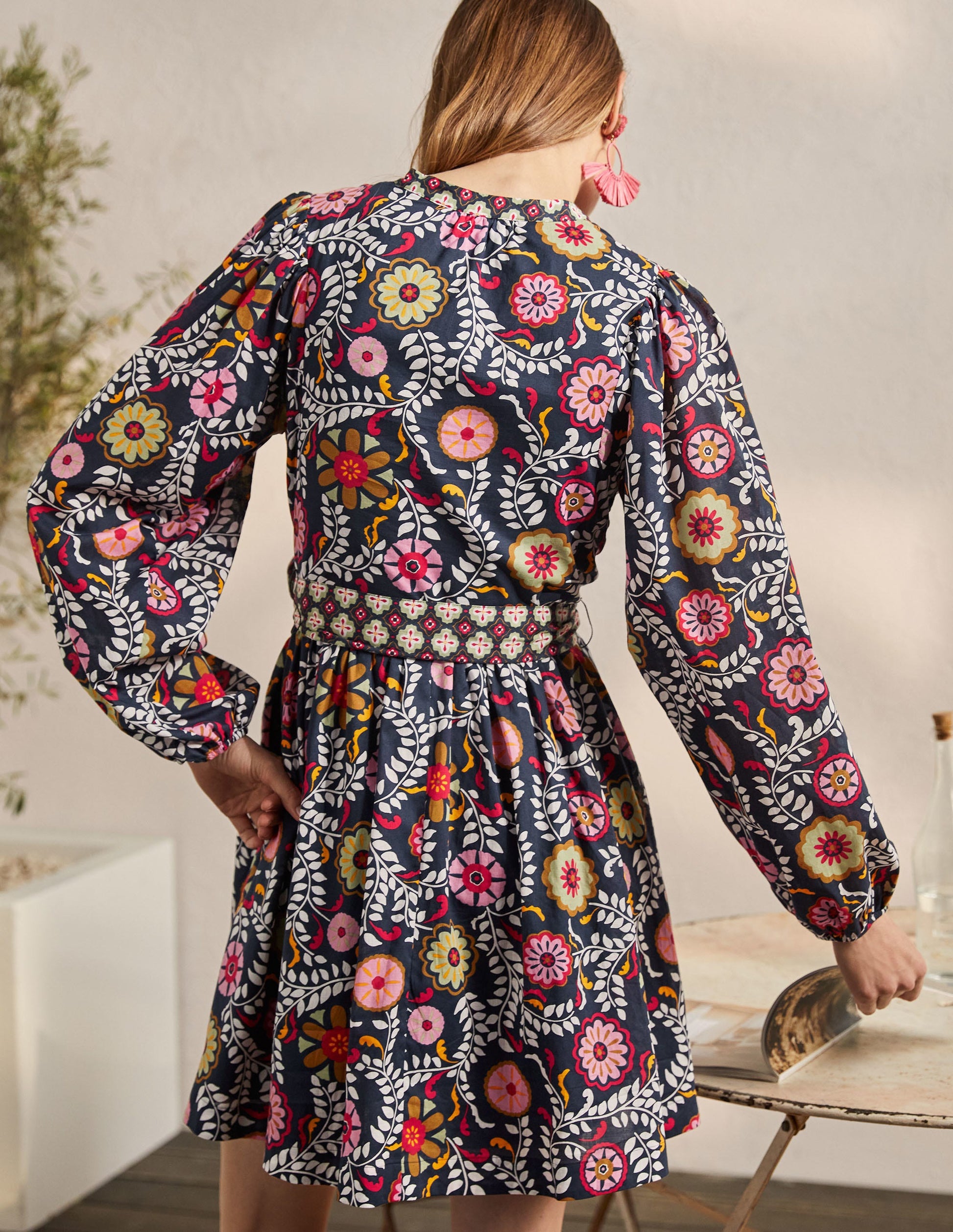 Notch Neck Cotton Dress-French Navy, Opulent Garden-3