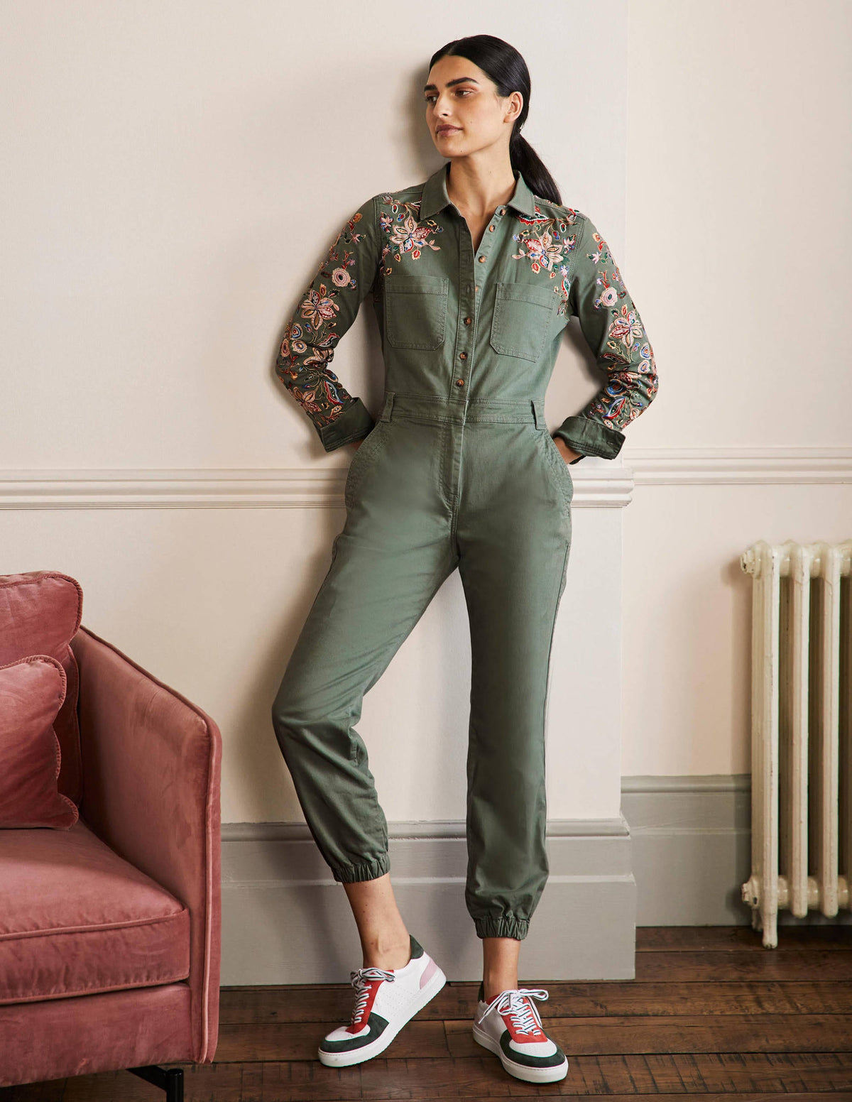 Carly Cotton Jumpsuit-Khaki Embroidered - Image 1