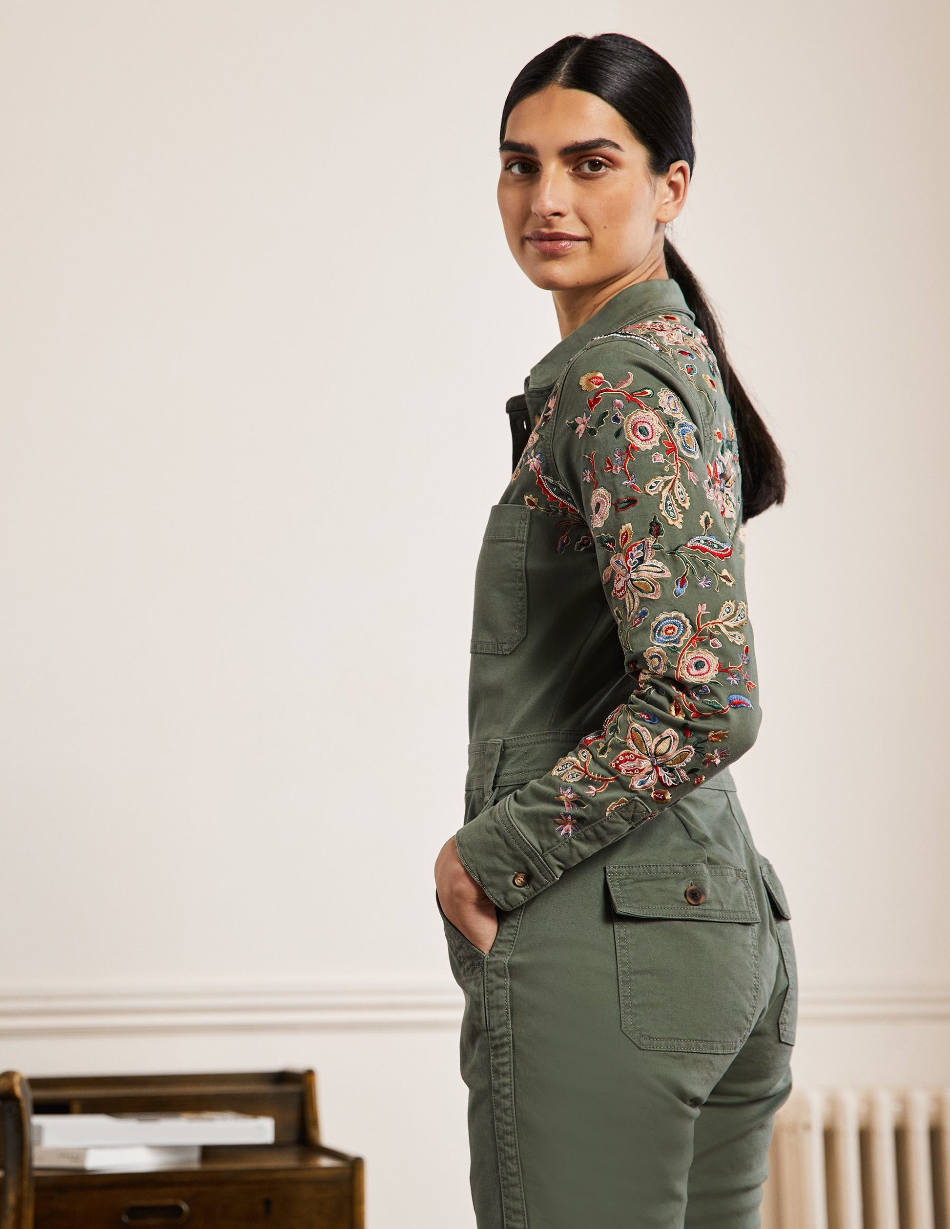 Carly Cotton Jumpsuit-Khaki Embroidered-3