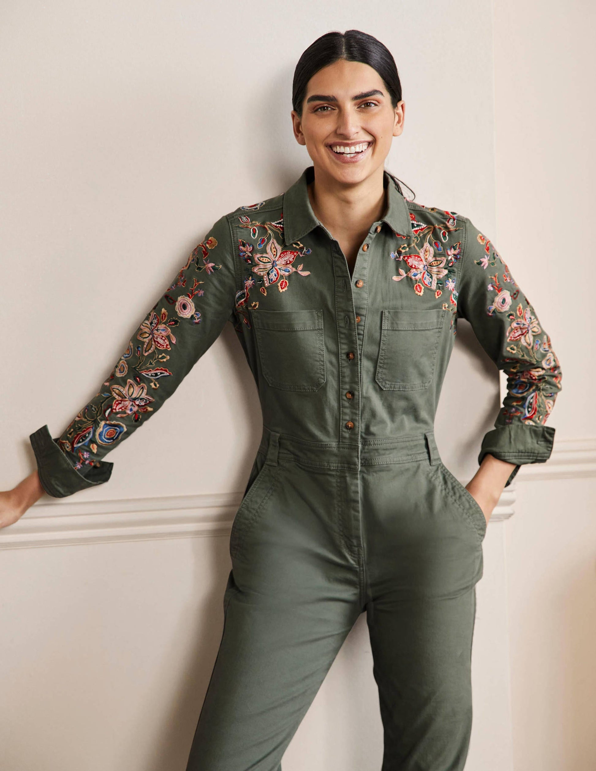 Carly Cotton Jumpsuit-Khaki Embroidered-4
