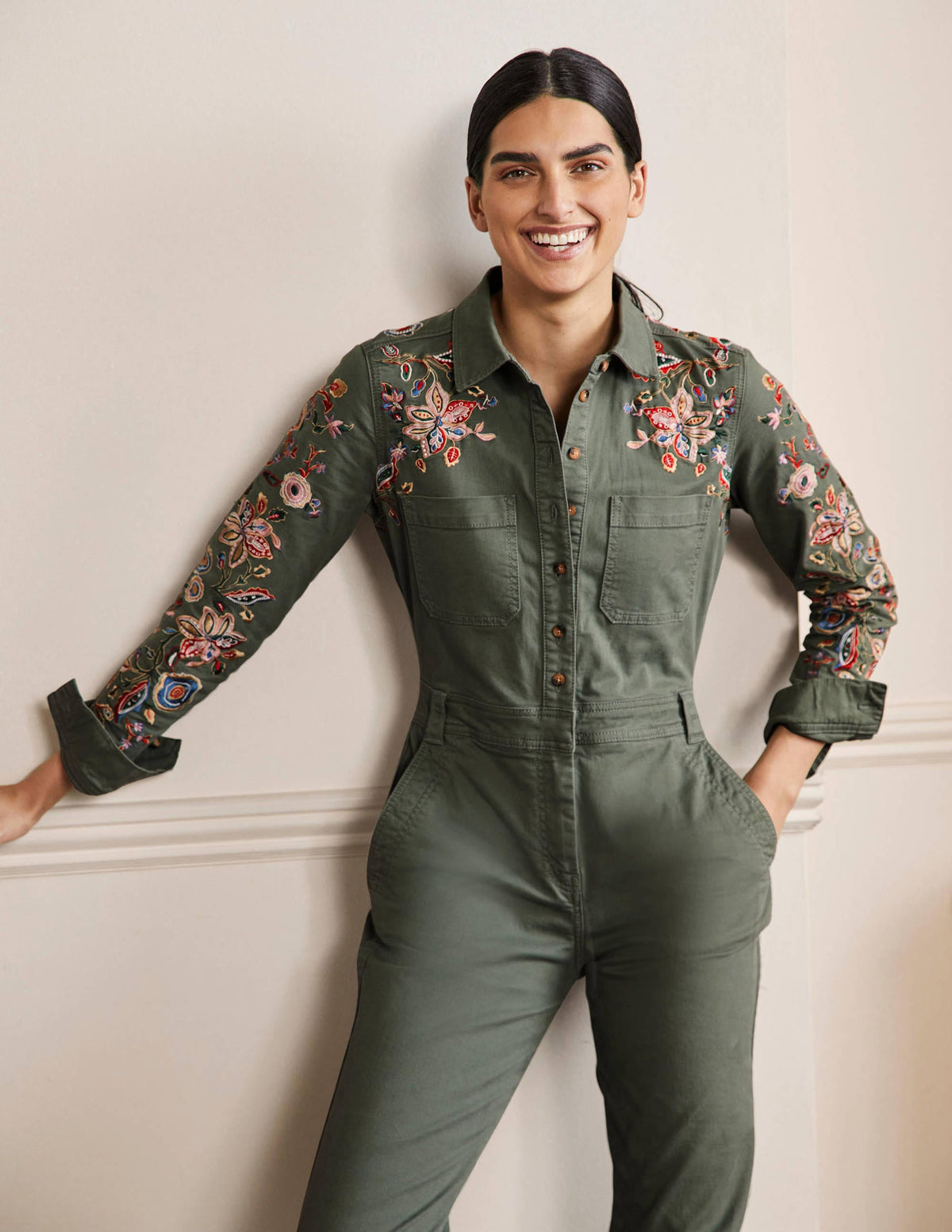 Carly Cotton Jumpsuit-Khaki Embroidered - Image 4