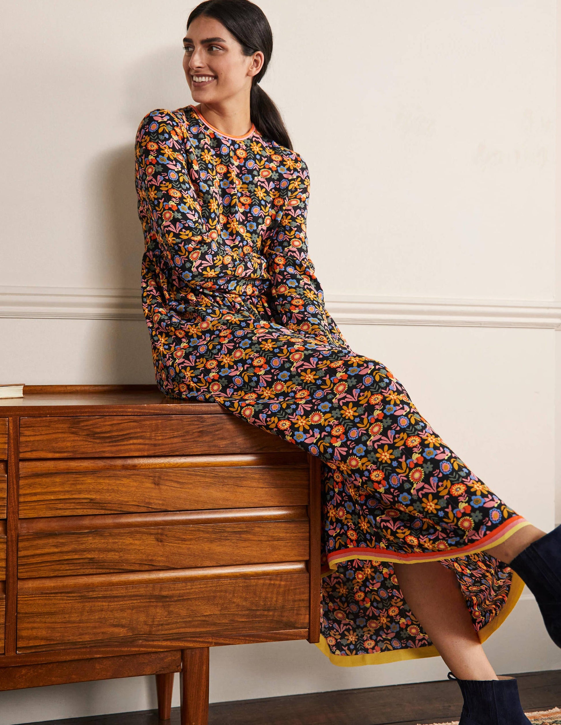 Trim Detail Maxi Dress-Black, Multi Flora Bloom-1