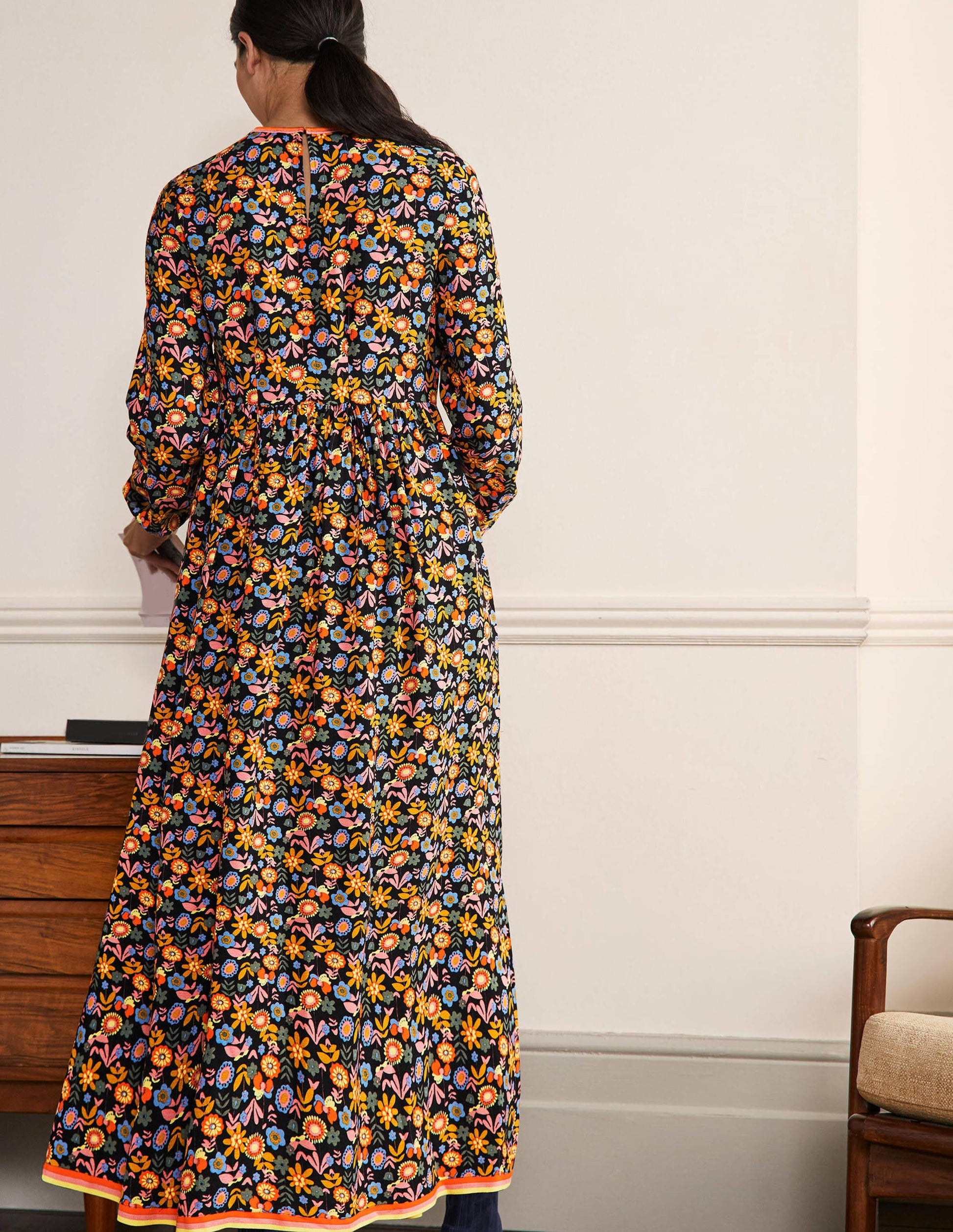 Trim Detail Maxi Dress-Black, Multi Flora Bloom-3