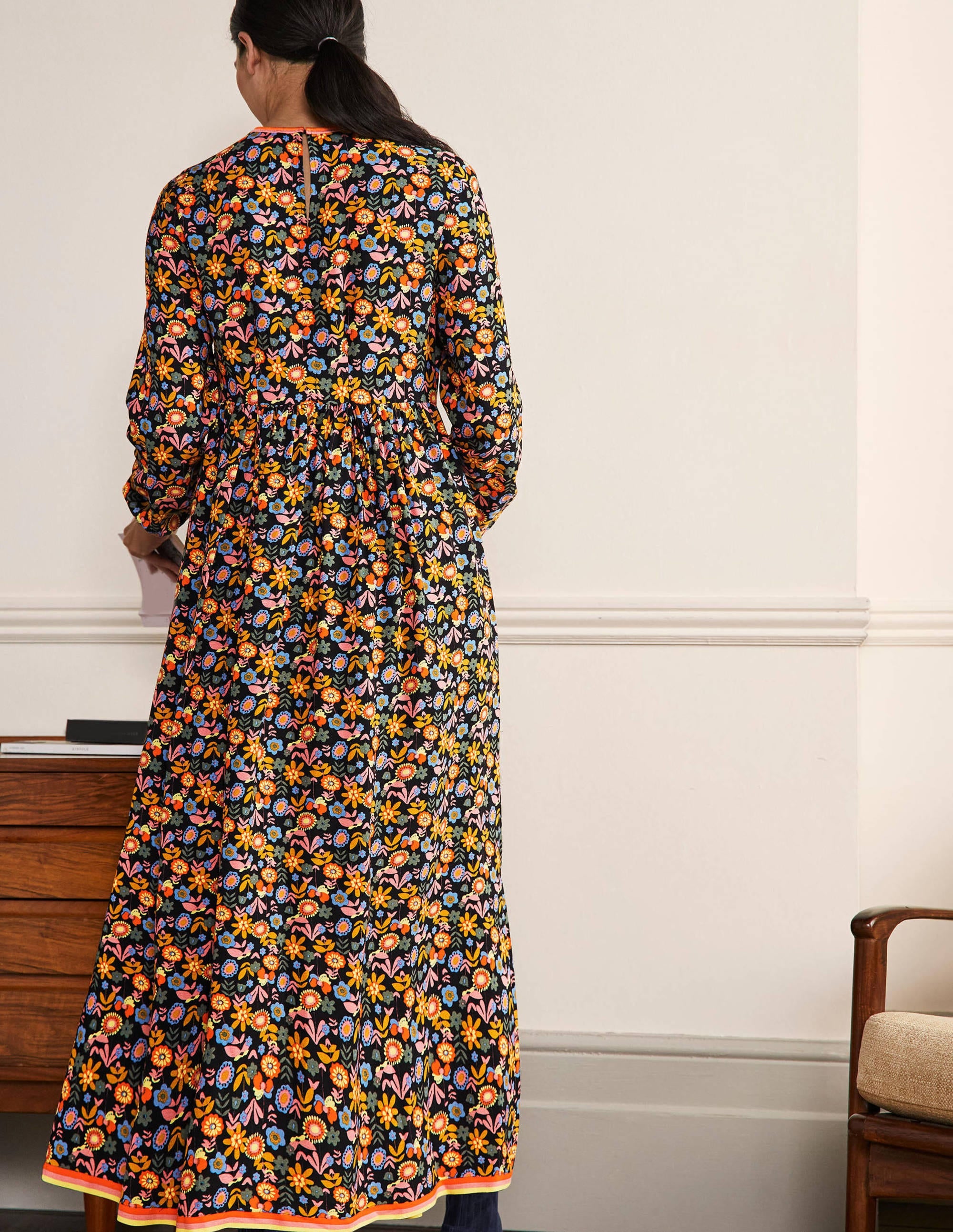 Trim Detail Maxi Dress-Black, Multi Flora Bloom - Image 3