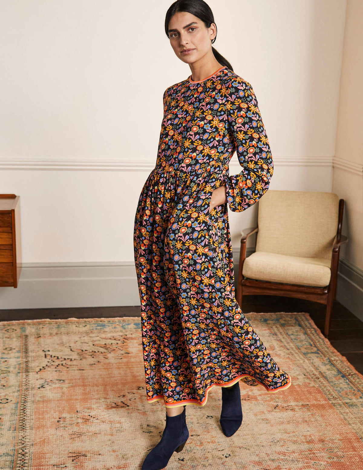 Trim Detail Maxi Dress-Black, Multi Flora Bloom-4