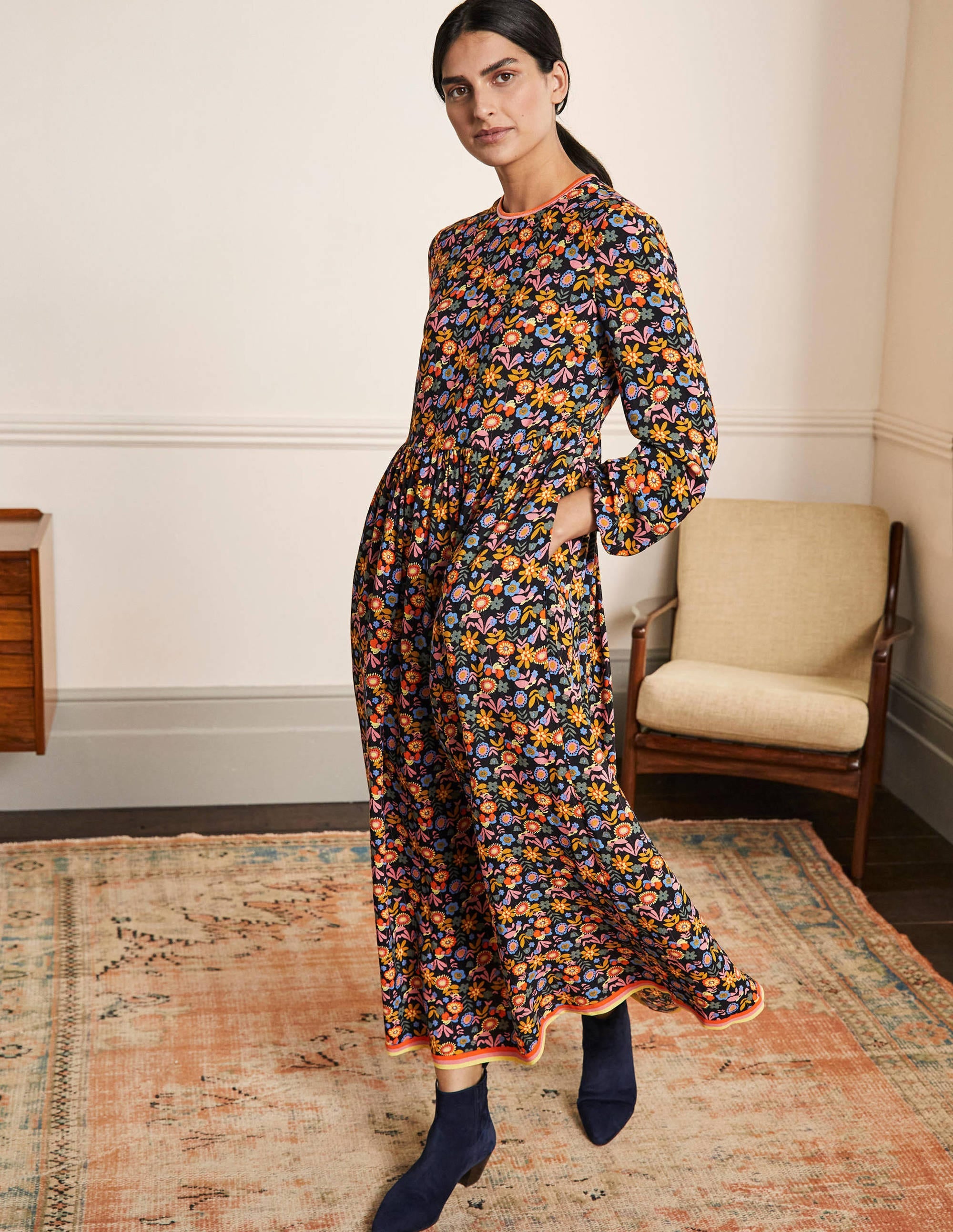 Trim Detail Maxi Dress-Black, Multi Flora Bloom - Image 4