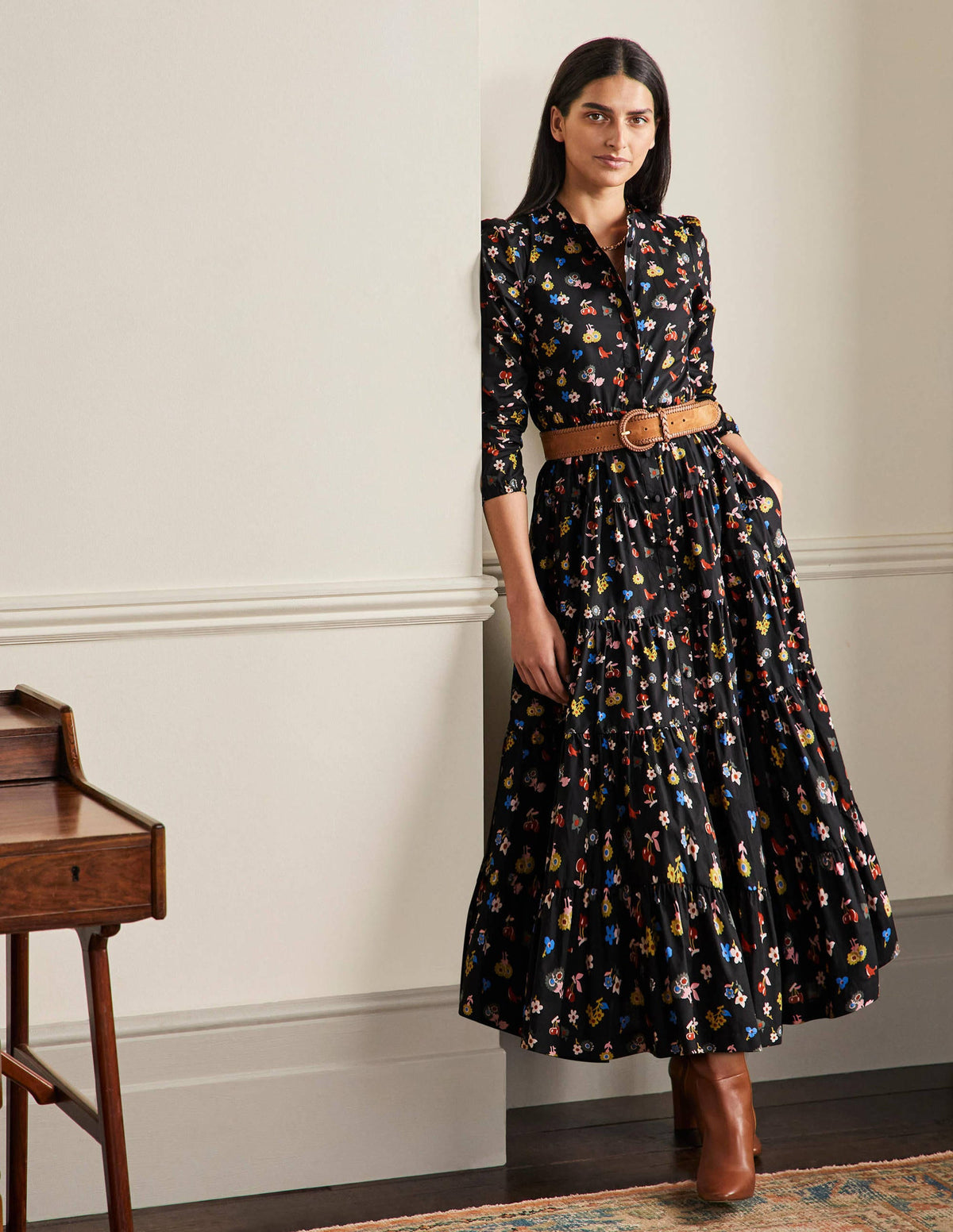 Multi Tiered Maxi Dress-Black, Woodland Bud-1