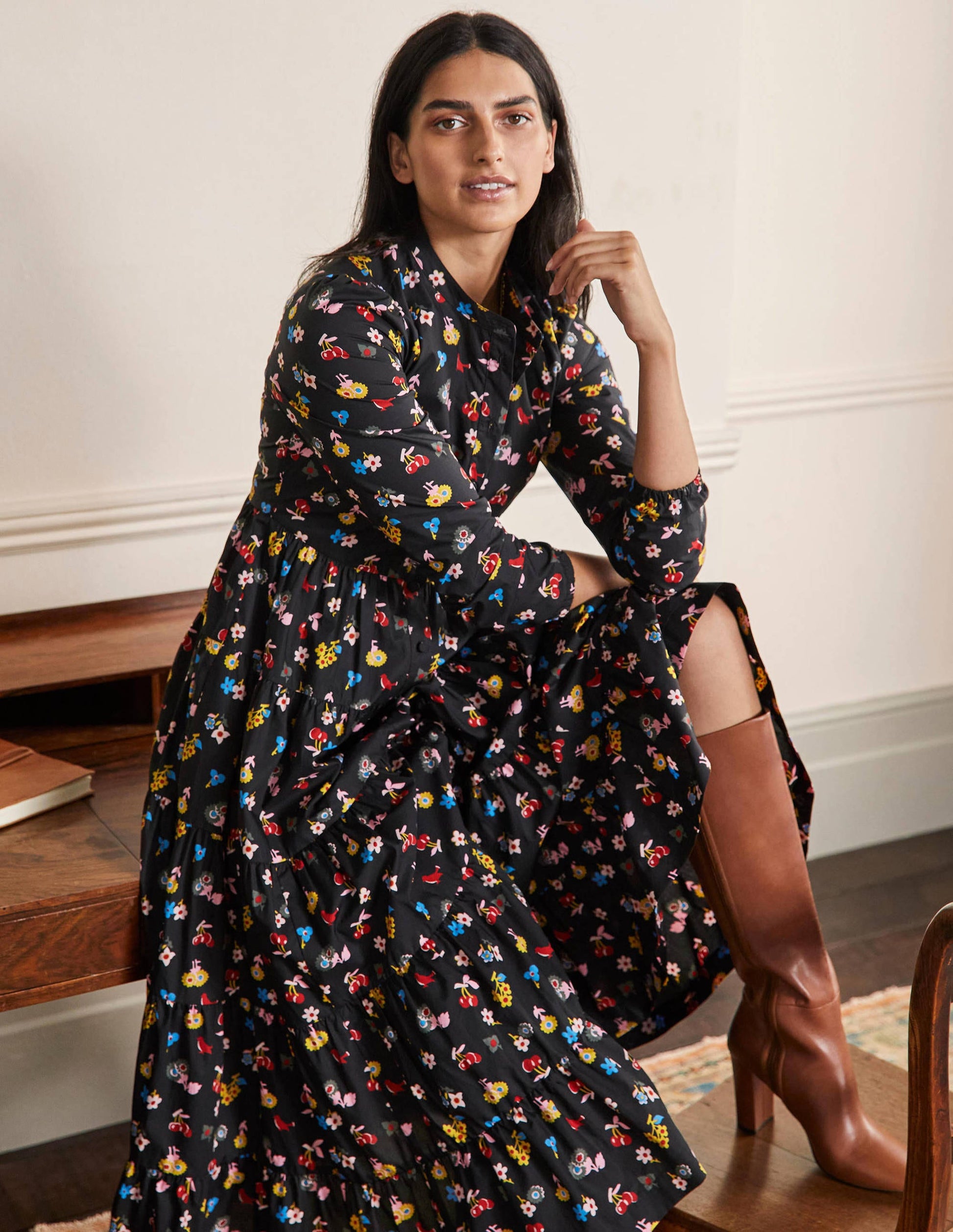 Multi Tiered Maxi Dress-Black, Woodland Bud-4