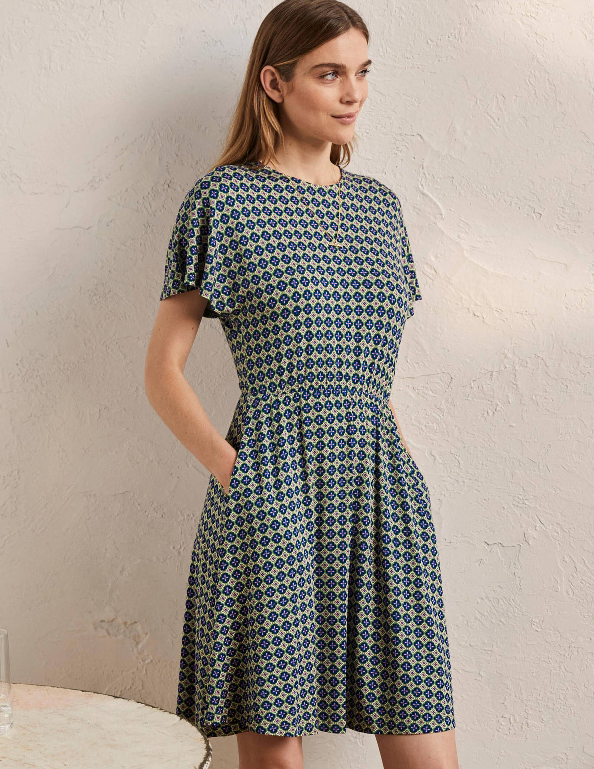 Flutter Sleeve Jersey Dress-English Ivy, Moroccan Diamond-1