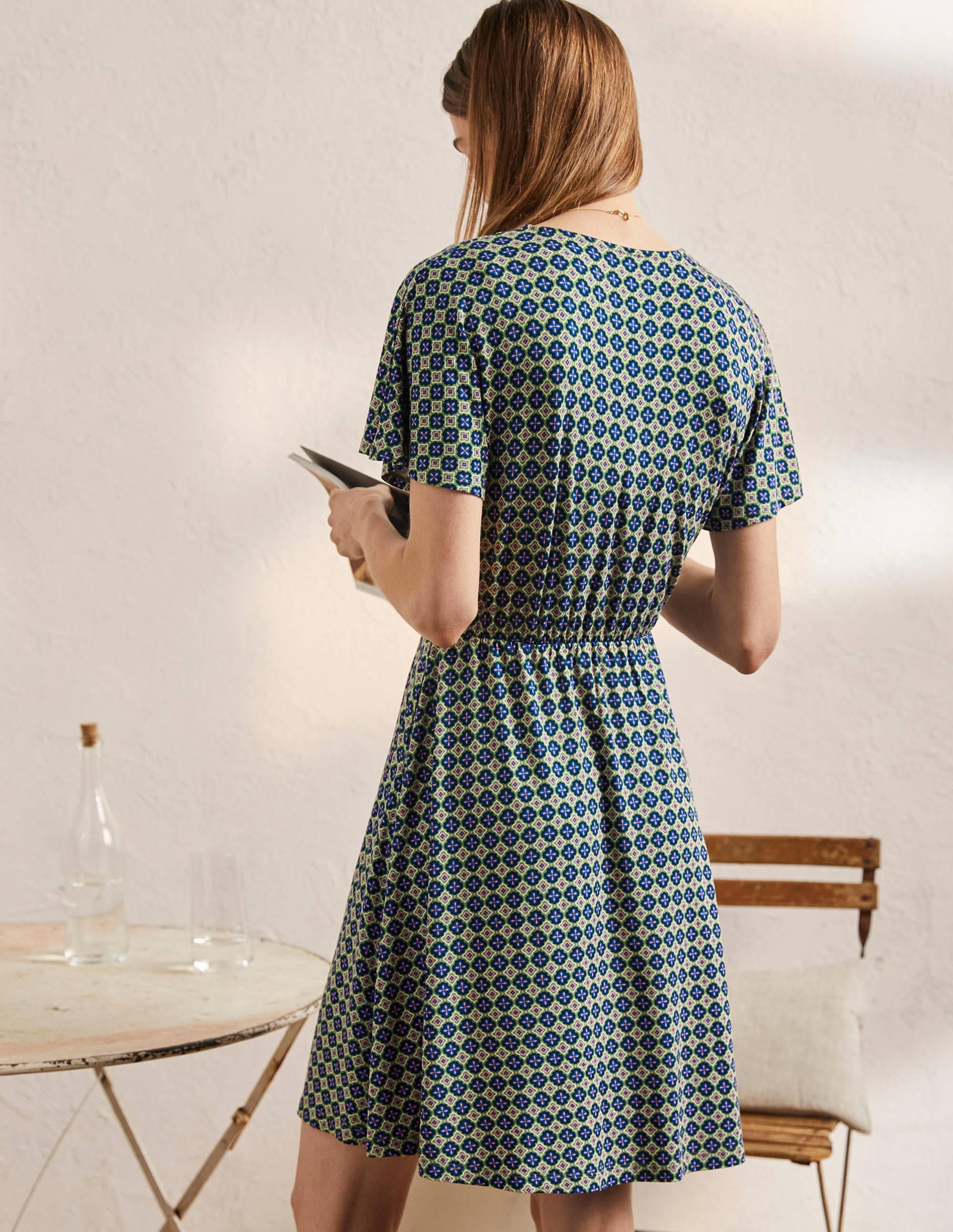 Flutter Sleeve Jersey Dress-English Ivy, Moroccan Diamond - Image 3