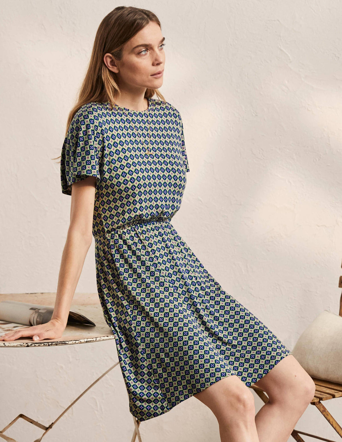 Flutter Sleeve Jersey Dress-English Ivy, Moroccan Diamond - Image 4