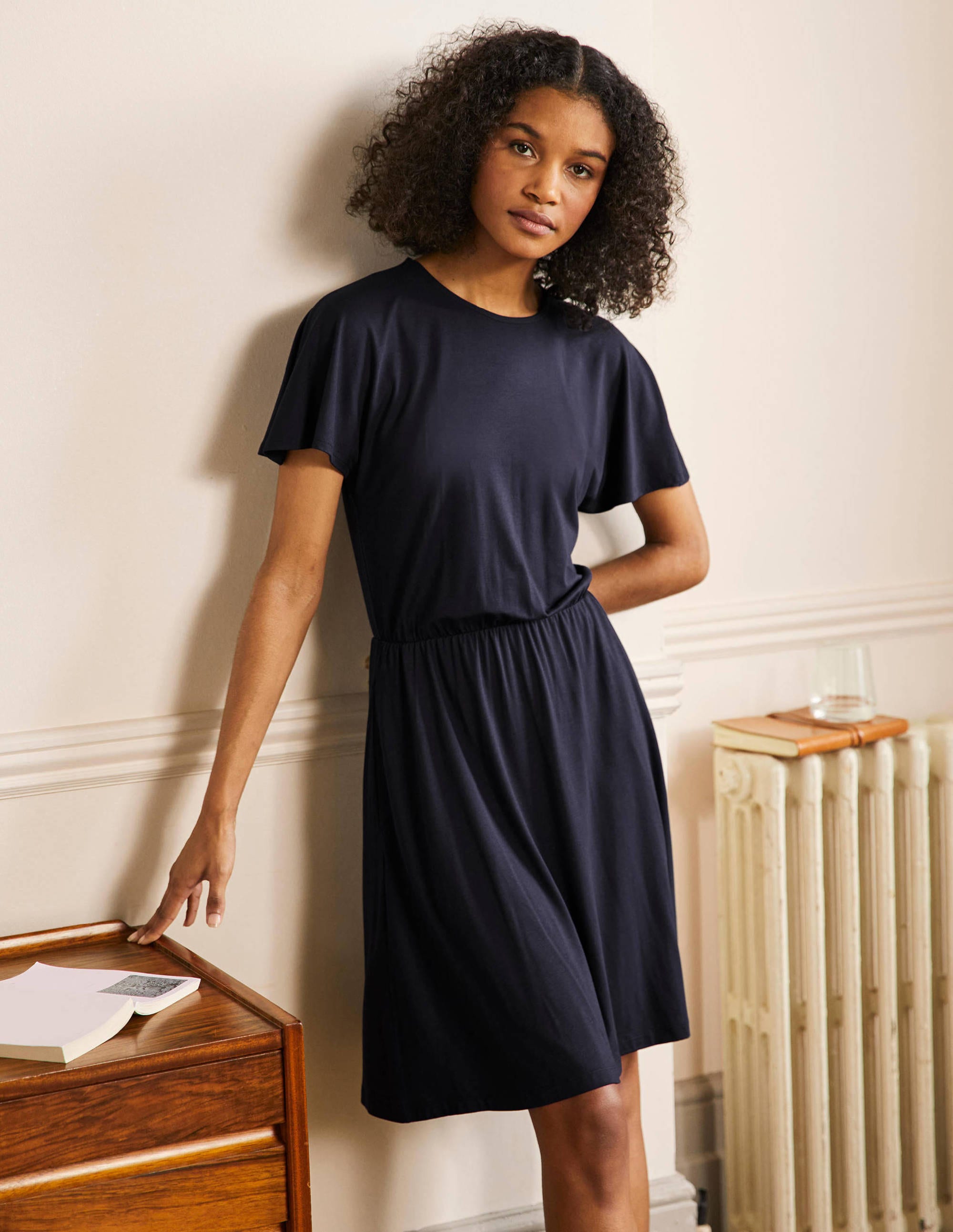 Flutter Sleeve Jersey Dress-Navy - Image 1