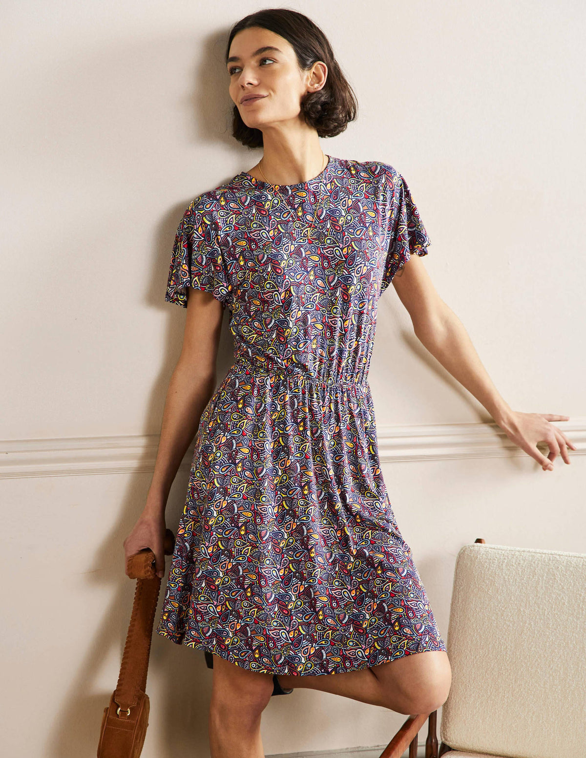 Flutter Sleeve Jersey Dress-Navy Paisley Blush-2
