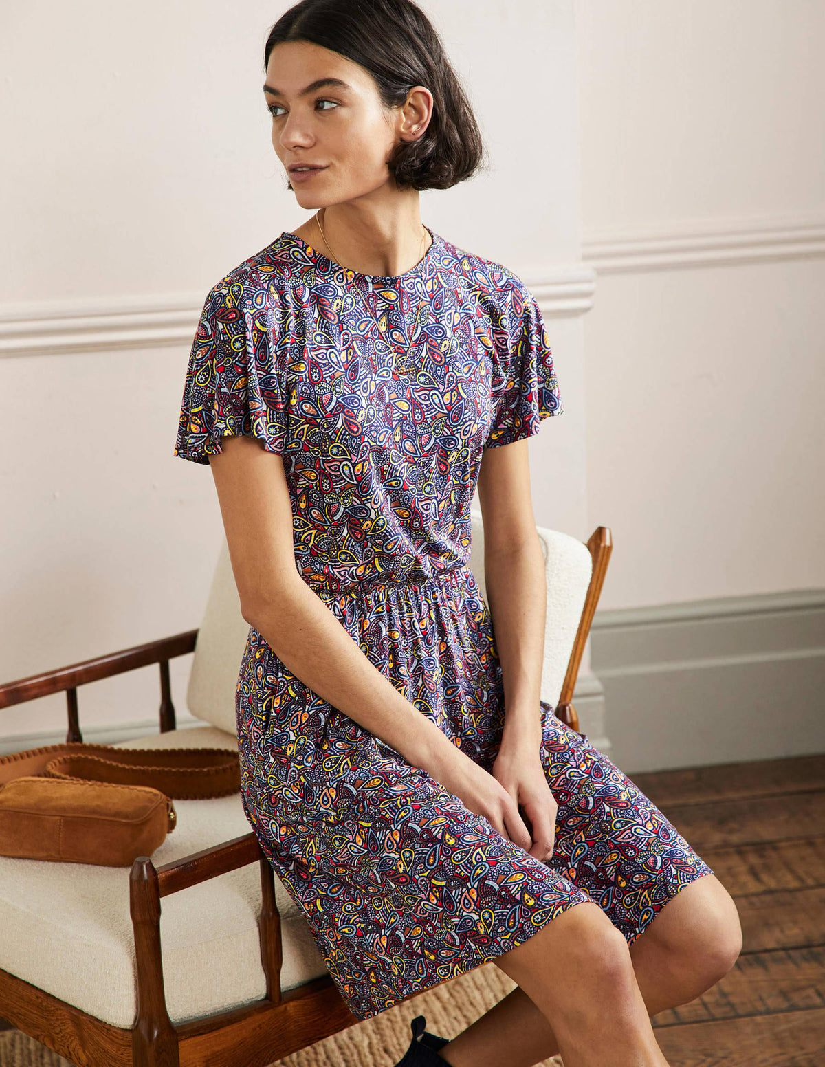 Flutter Sleeve Jersey Dress-Navy Paisley Blush-5