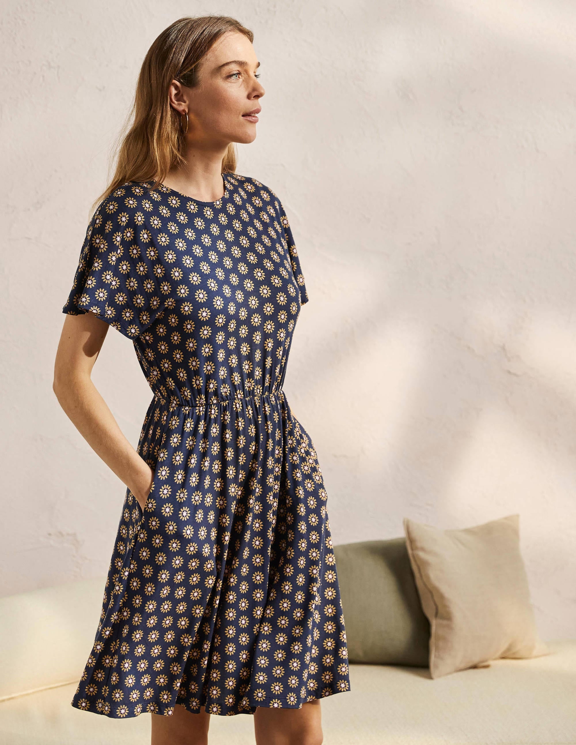 Flutter Sleeve Jersey Dress-French Navy, Daisy Stamp - Image 1