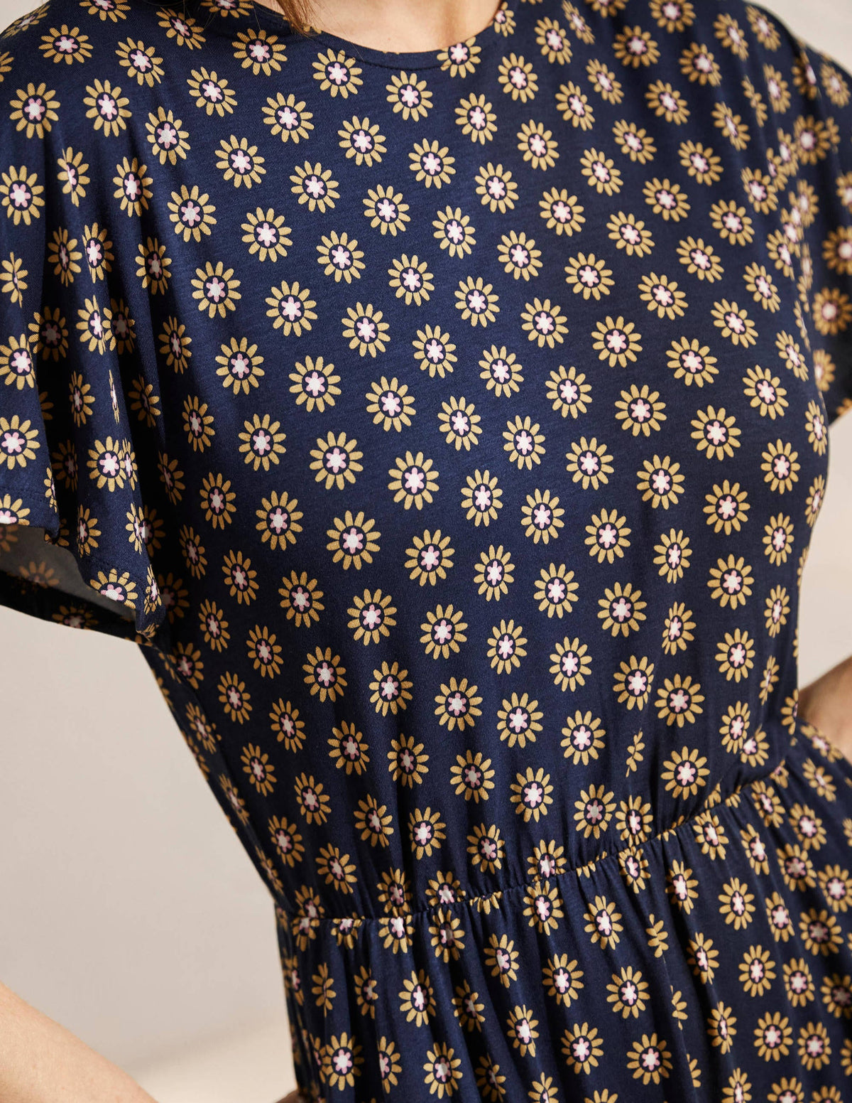 Flutter Sleeve Jersey Dress-French Navy, Daisy Stamp - Image 2