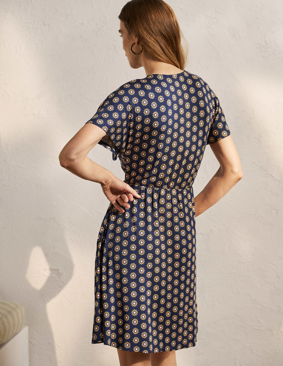Flutter Sleeve Jersey Dress-French Navy, Daisy Stamp-3