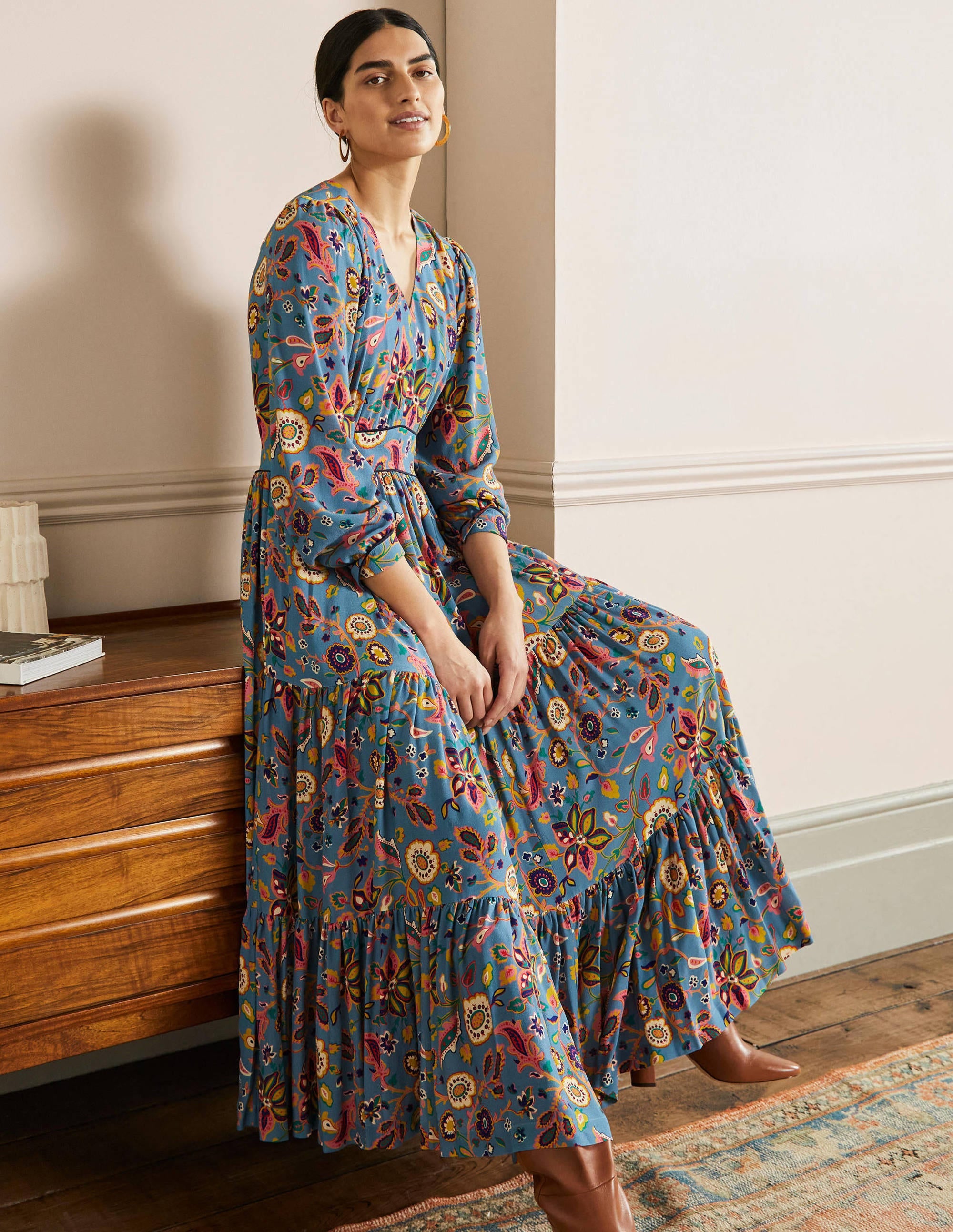 V-Neck Tiered Midi Dress-Dusty Blue, Opulent Paradise - Image 1