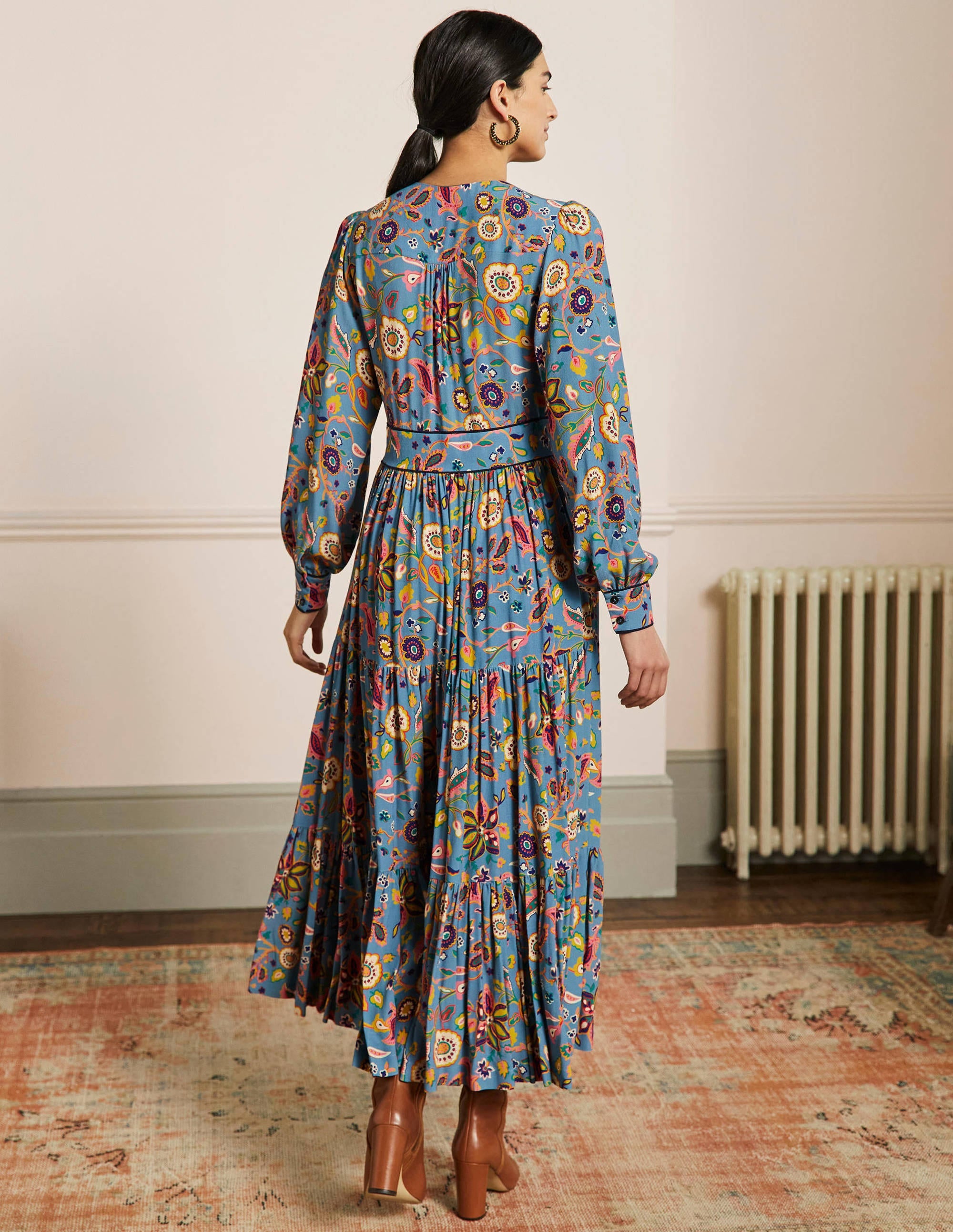 V-Neck Tiered Midi Dress-Dusty Blue, Opulent Paradise - Image 3