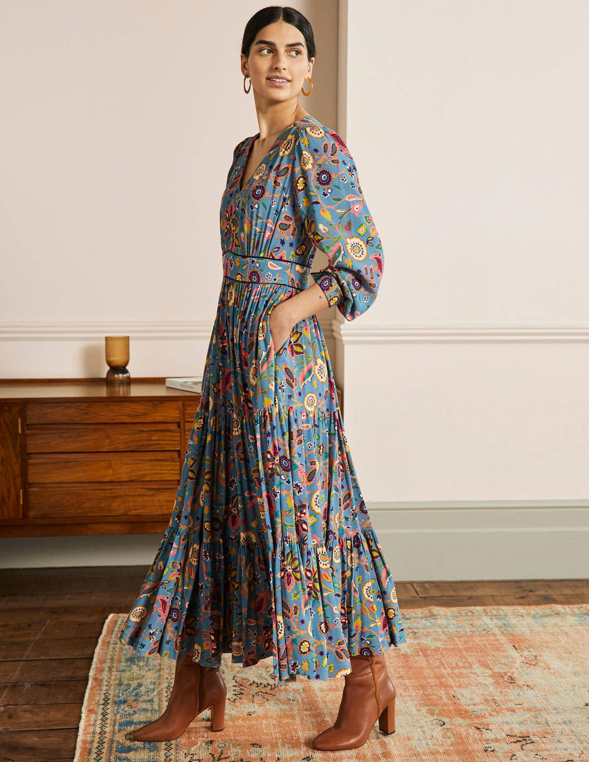 V-Neck Tiered Midi Dress-Dusty Blue, Opulent Paradise - Image 4