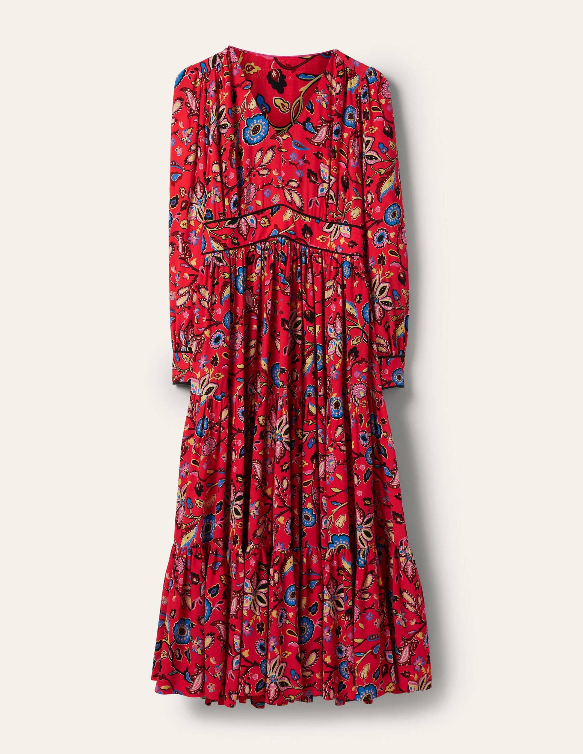 V-Neck Tiered Midi Dress-Red, Opulent Paradise-5