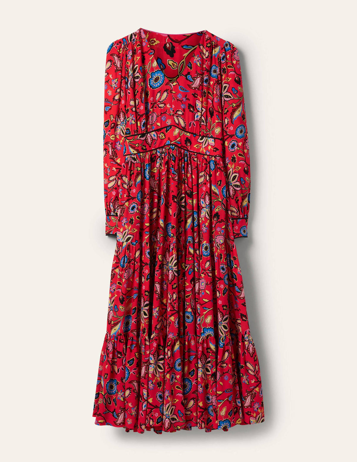 V-Neck Tiered Midi Dress-Red, Opulent Paradise - Image 5