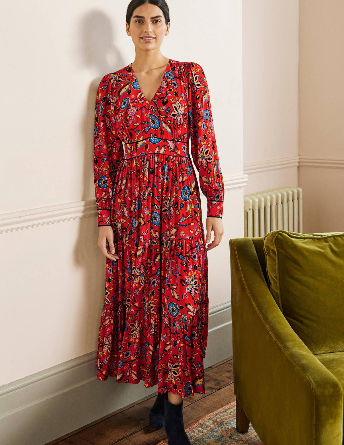 V-Neck Tiered Midi Dress-Red, Opulent Paradise-1