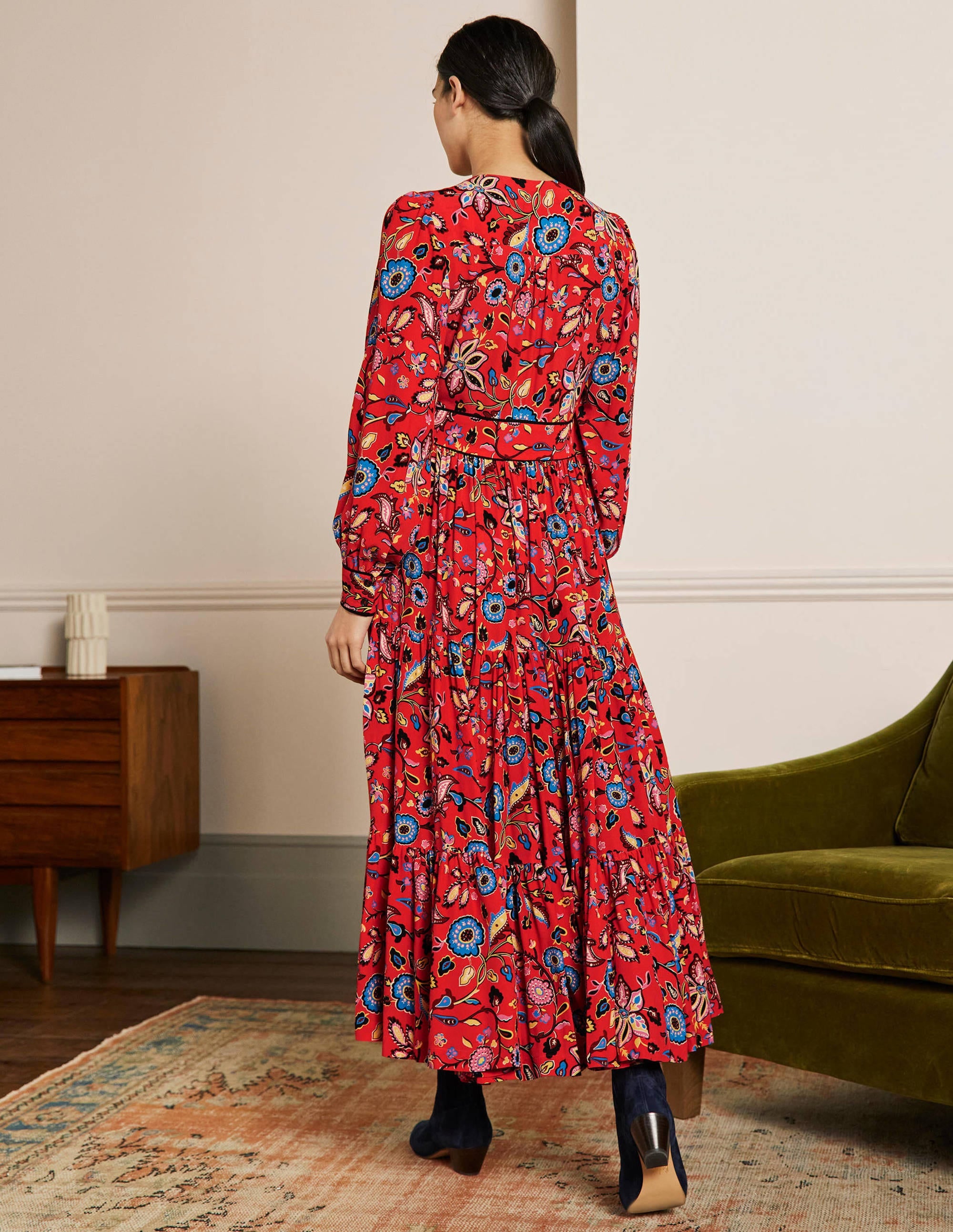 V-Neck Tiered Midi Dress-Red, Opulent Paradise - Image 3