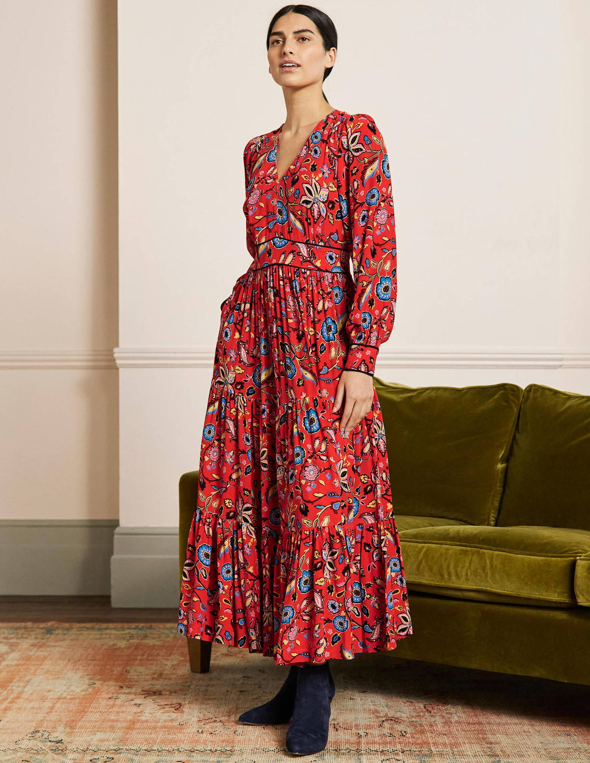 V-Neck Tiered Midi Dress-Red, Opulent Paradise-4