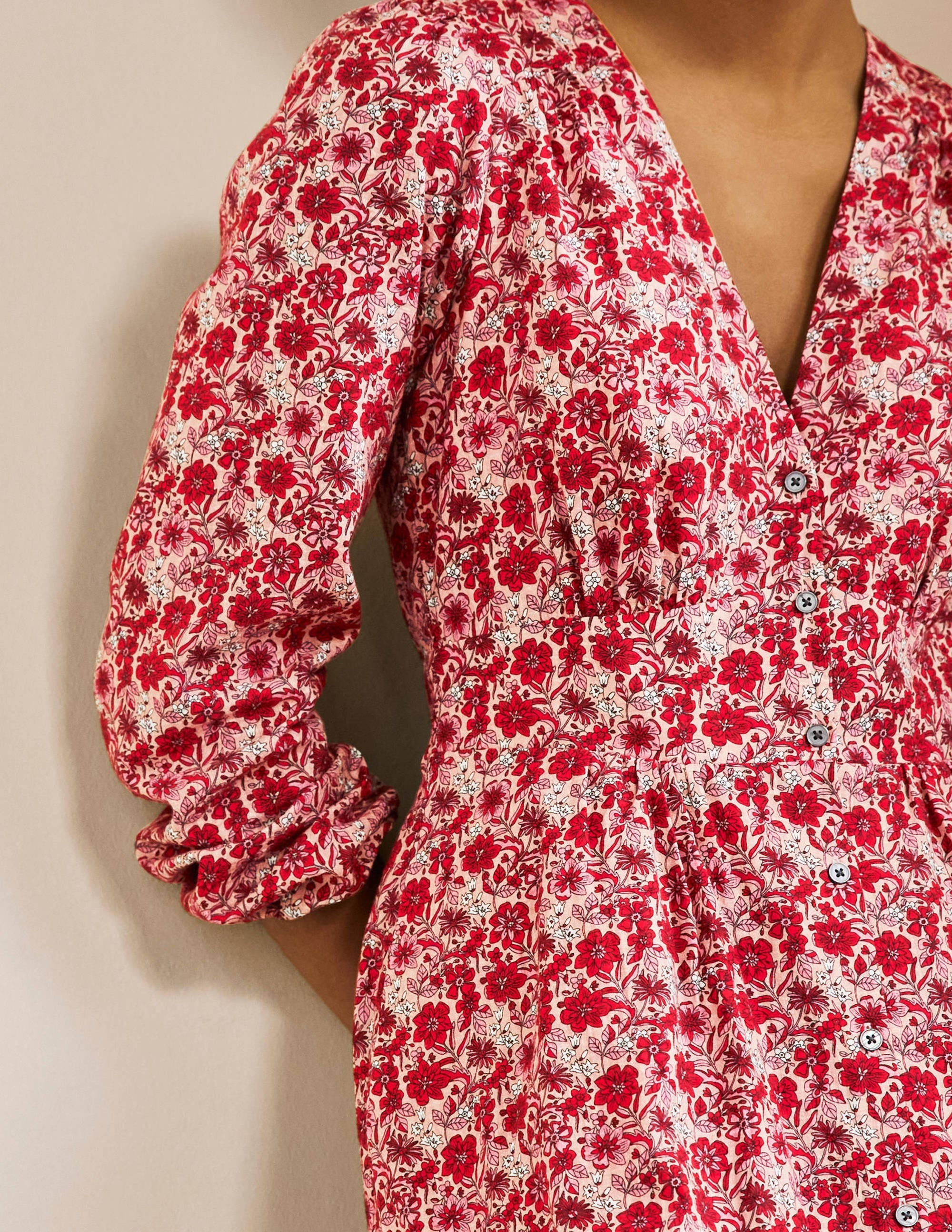 Button Through Maxi Tea Dress-Red, Floret Bloom - Image 2