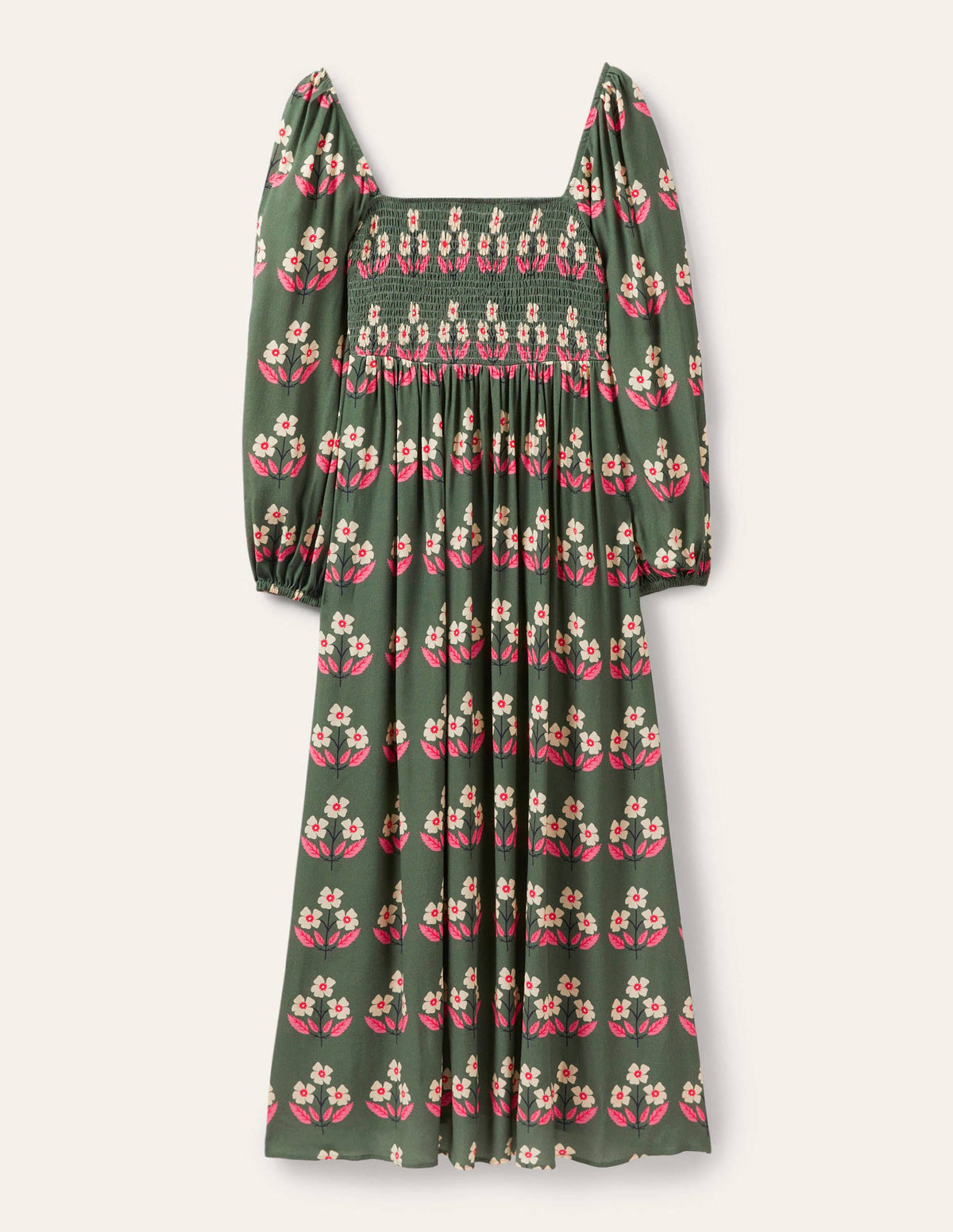 Square Neck Smocked Maxi Dress-Green, Blossoming Bud - Image 5