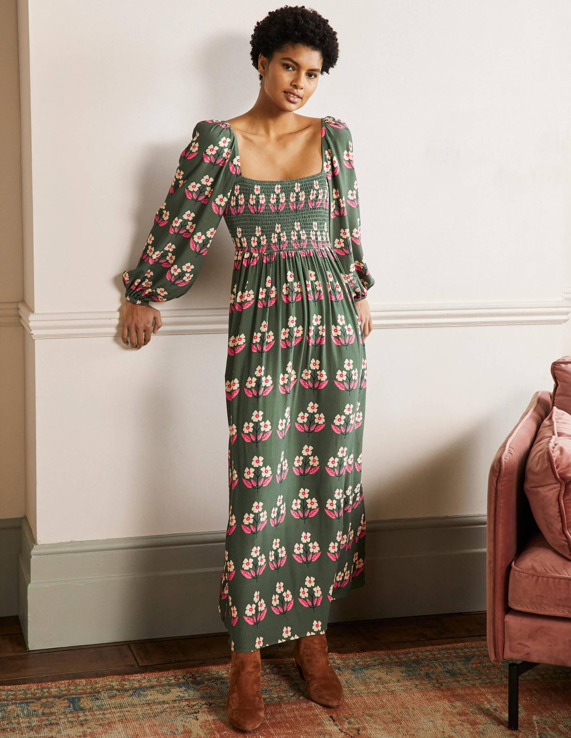 Square Neck Smocked Maxi Dress-Green, Blossoming Bud-1