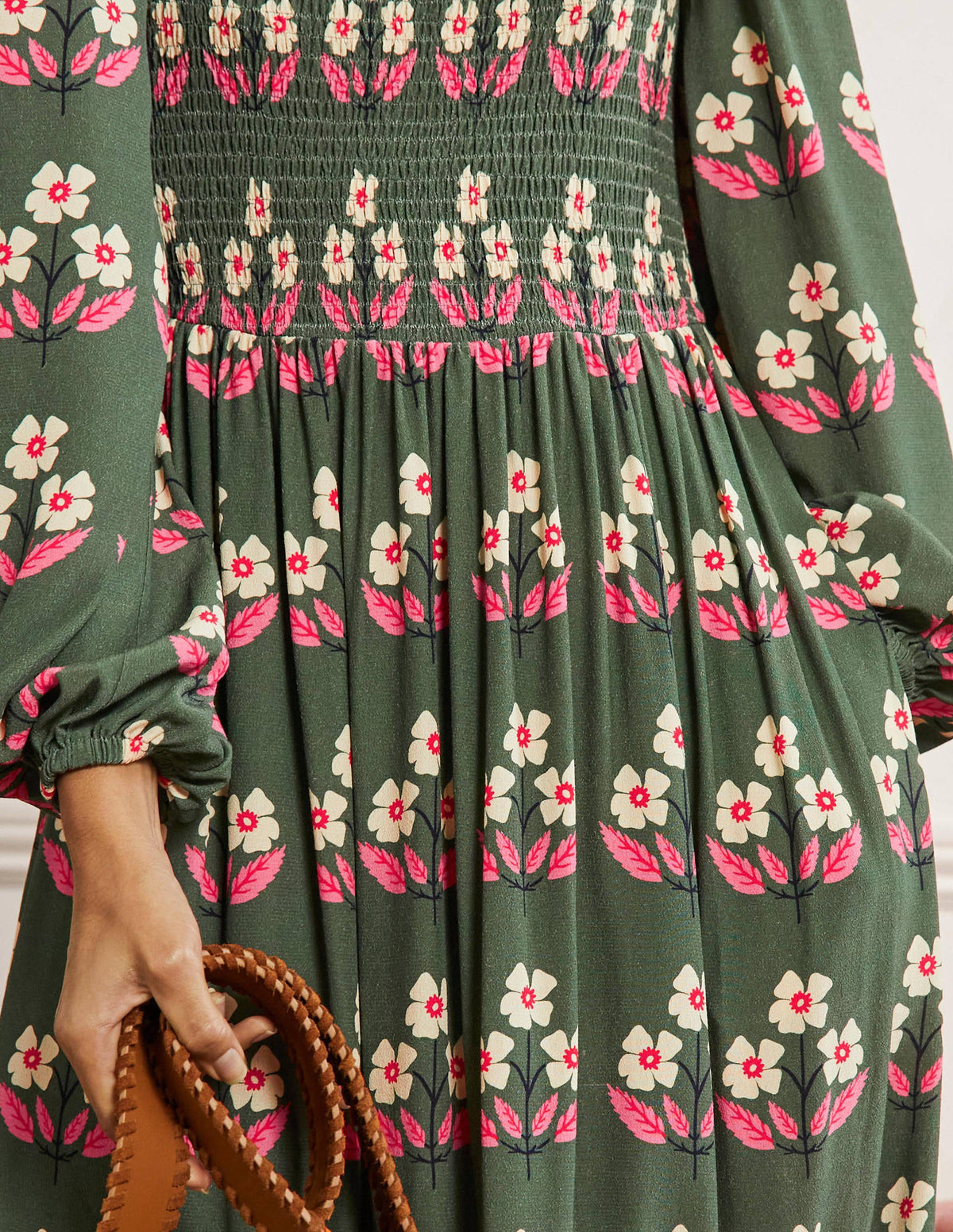 Square Neck Smocked Maxi Dress-Green, Blossoming Bud - Image 2