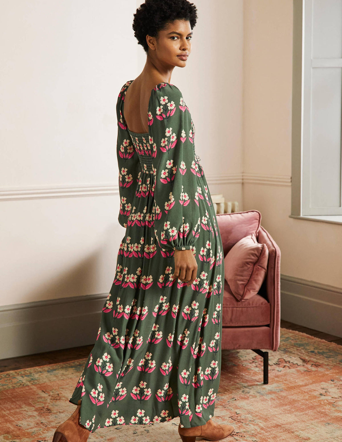 Square Neck Smocked Maxi Dress-Green, Blossoming Bud - Image 3