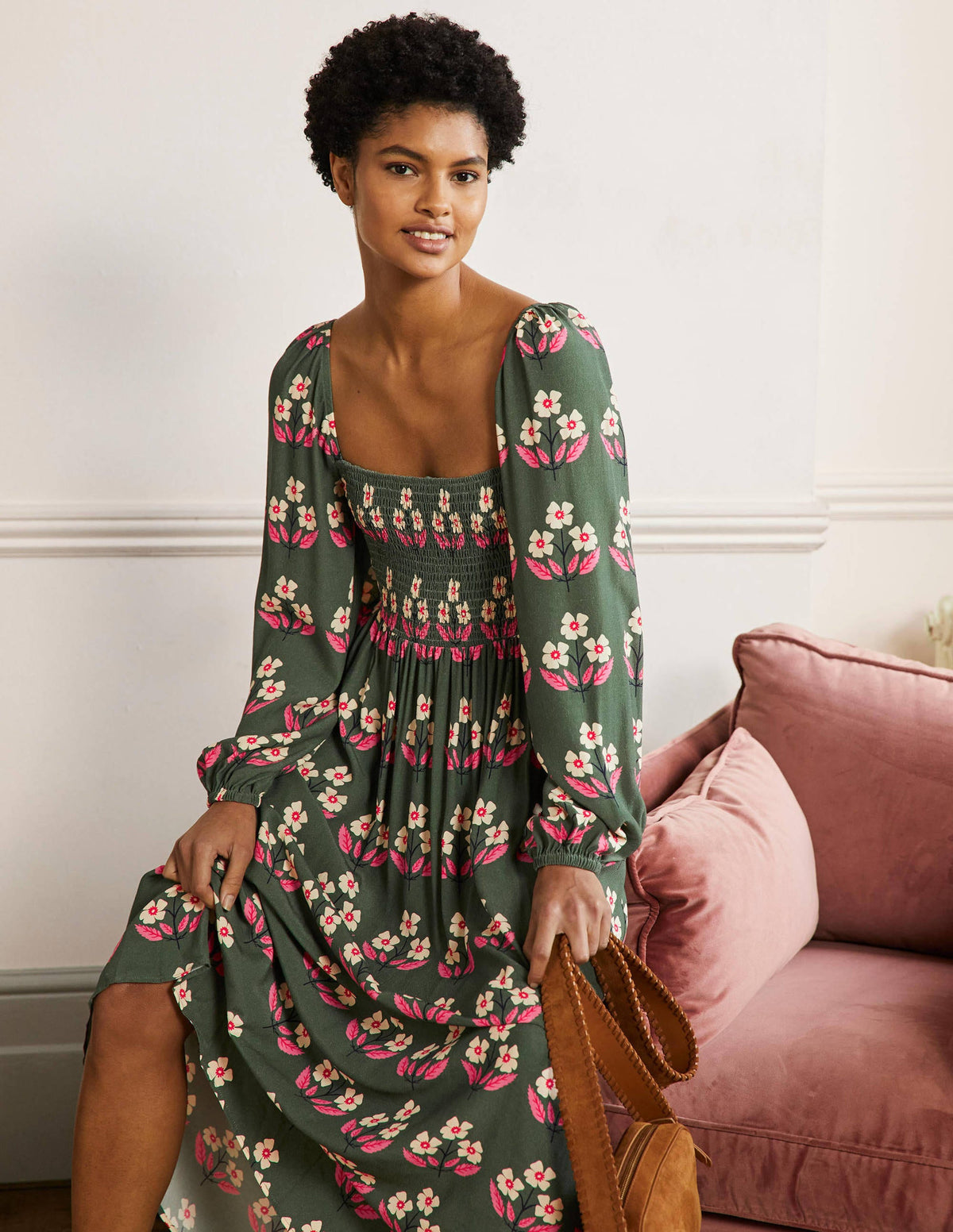 Square Neck Smocked Maxi Dress-Green, Blossoming Bud-4