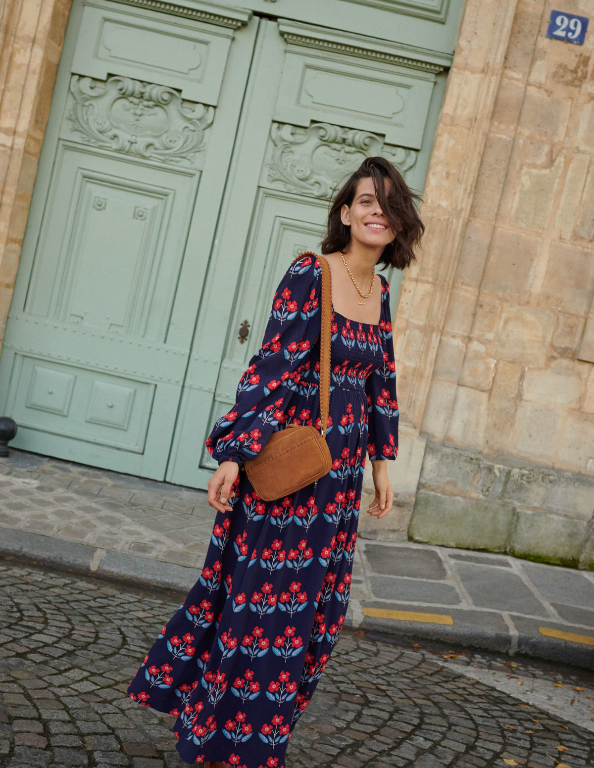 Square Neck Smocked Maxi Dress-French Navy, Blossoming Bud - Image 5