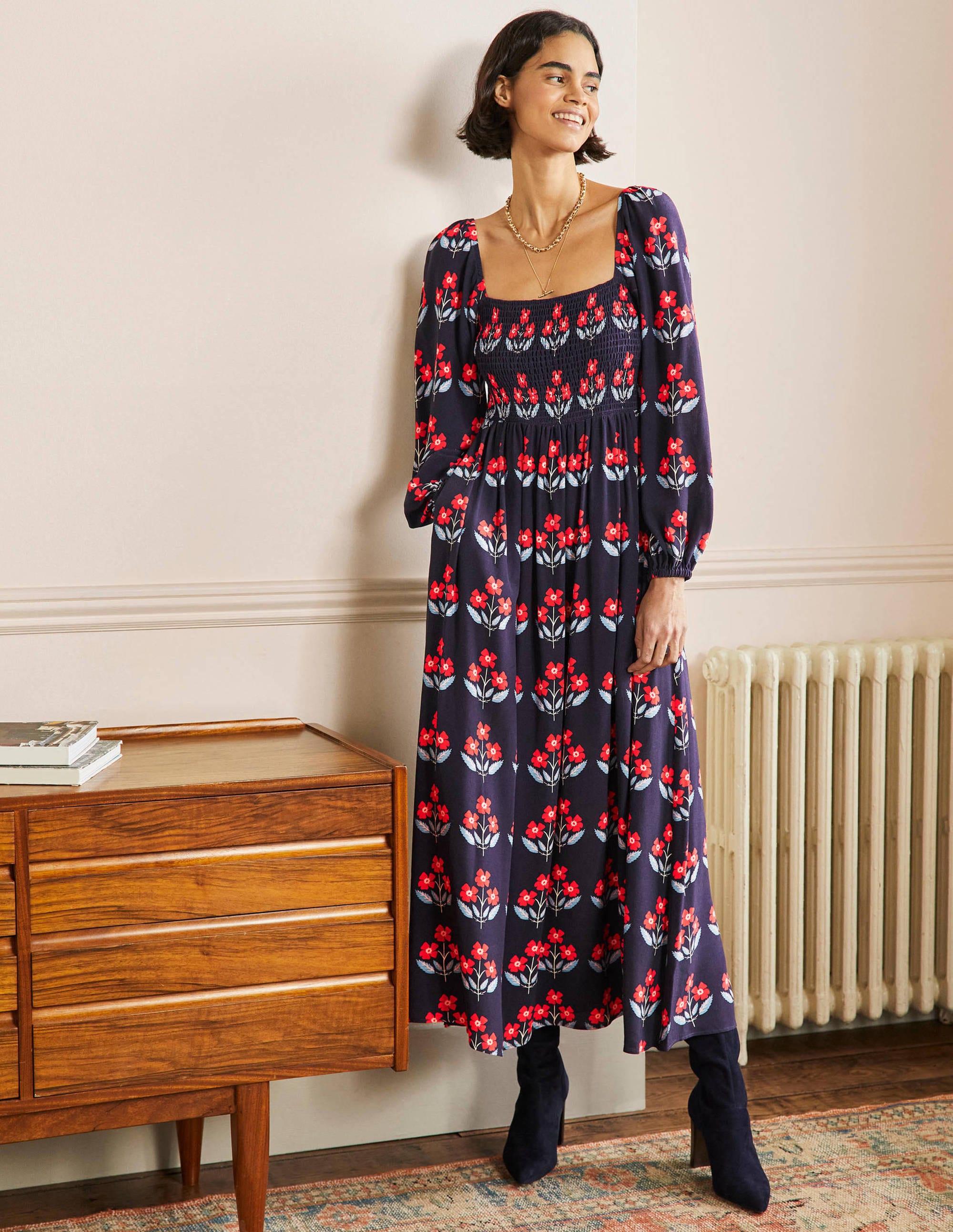 Square Neck Smocked Maxi Dress-French Navy, Blossoming Bud - Image 1