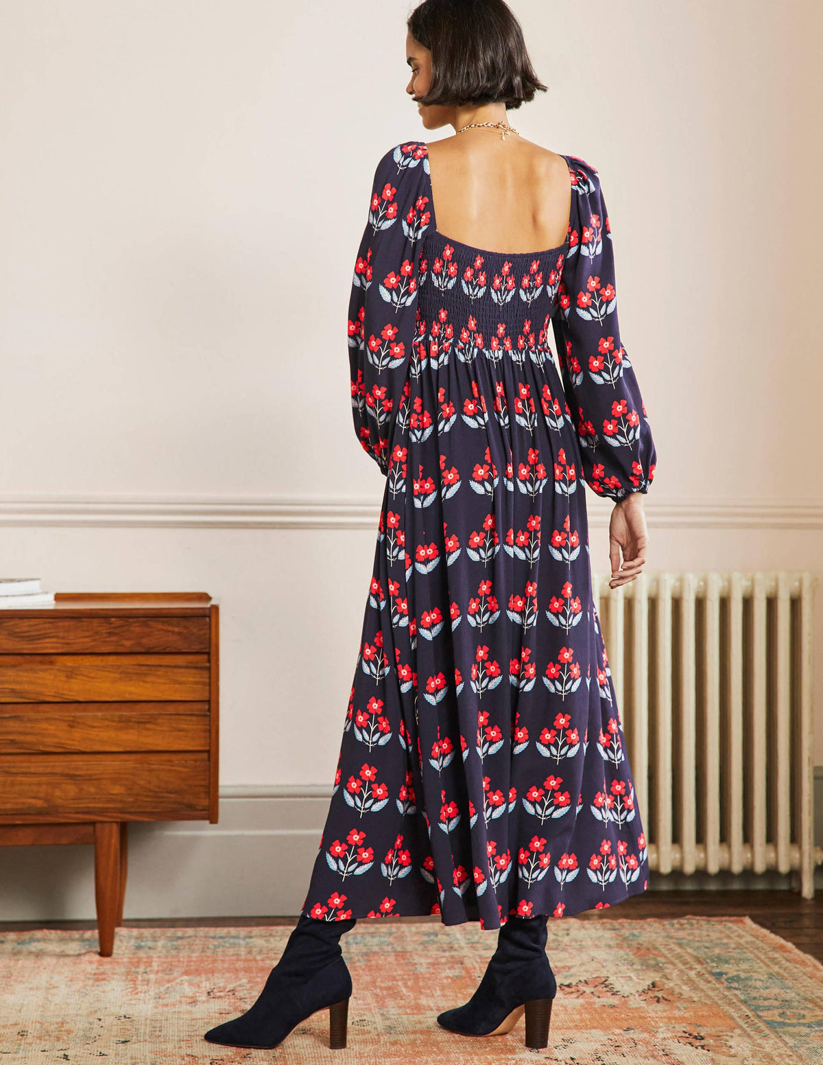 Square Neck Smocked Maxi Dress-French Navy, Blossoming Bud - Image 2