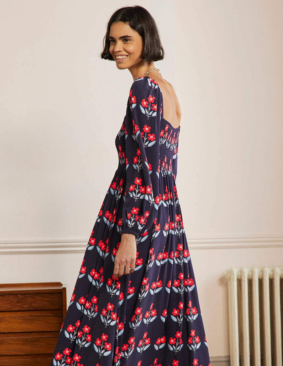 Square Neck Smocked Maxi Dress-French Navy, Blossoming Bud-3