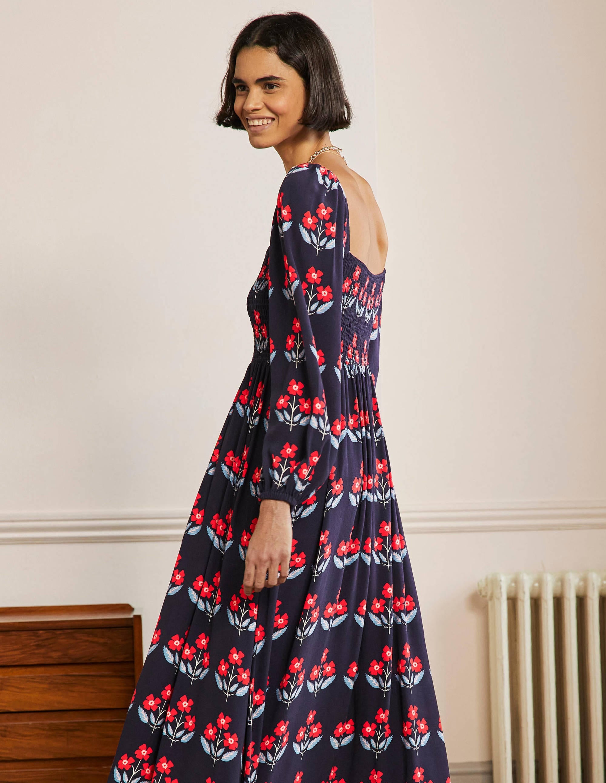 Square Neck Smocked Maxi Dress-French Navy, Blossoming Bud - Image 3
