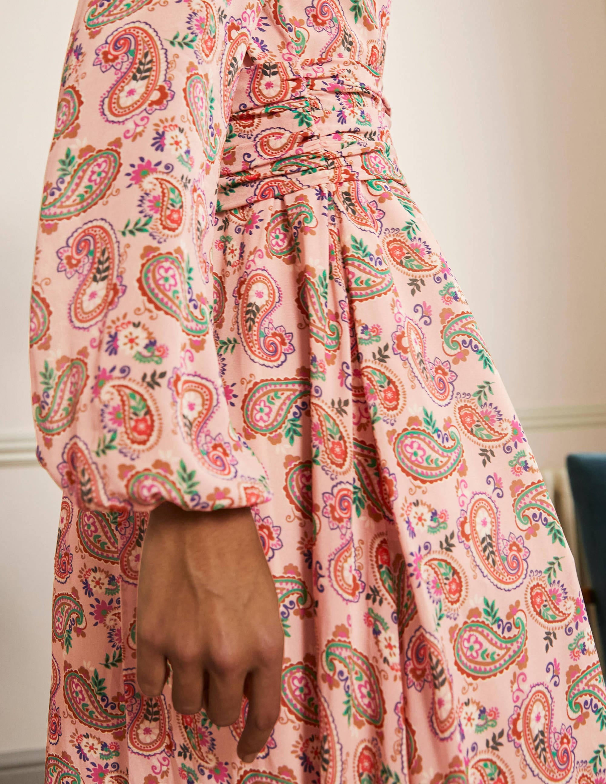 Ruched Waist Midi Dress-Milkshake, Paisley Bloom - Image 2
