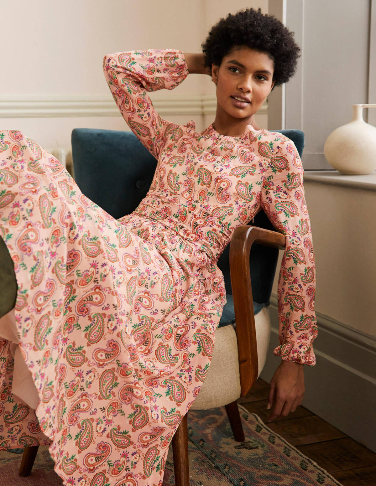 Ruched Waist Midi Dress-Milkshake, Paisley Bloom-4
