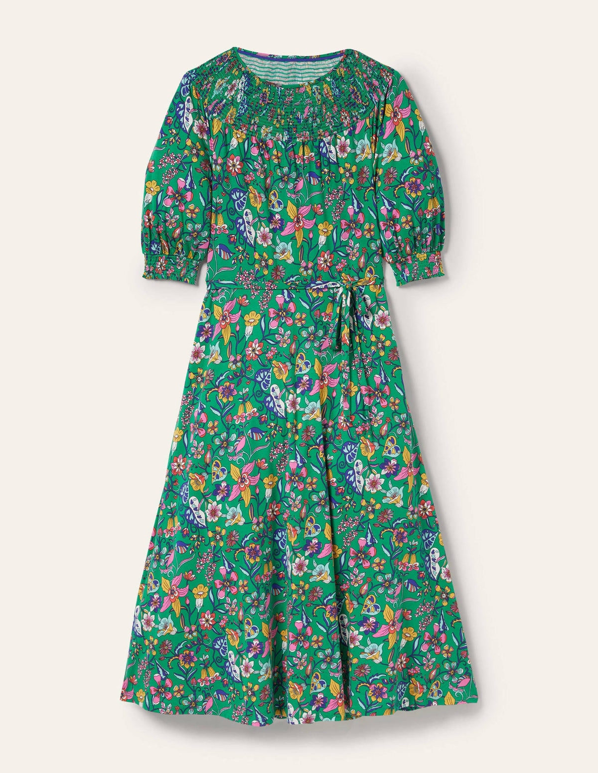 Smocked Neck Jersey Midi Dress-Highland Green Floral - Image 6