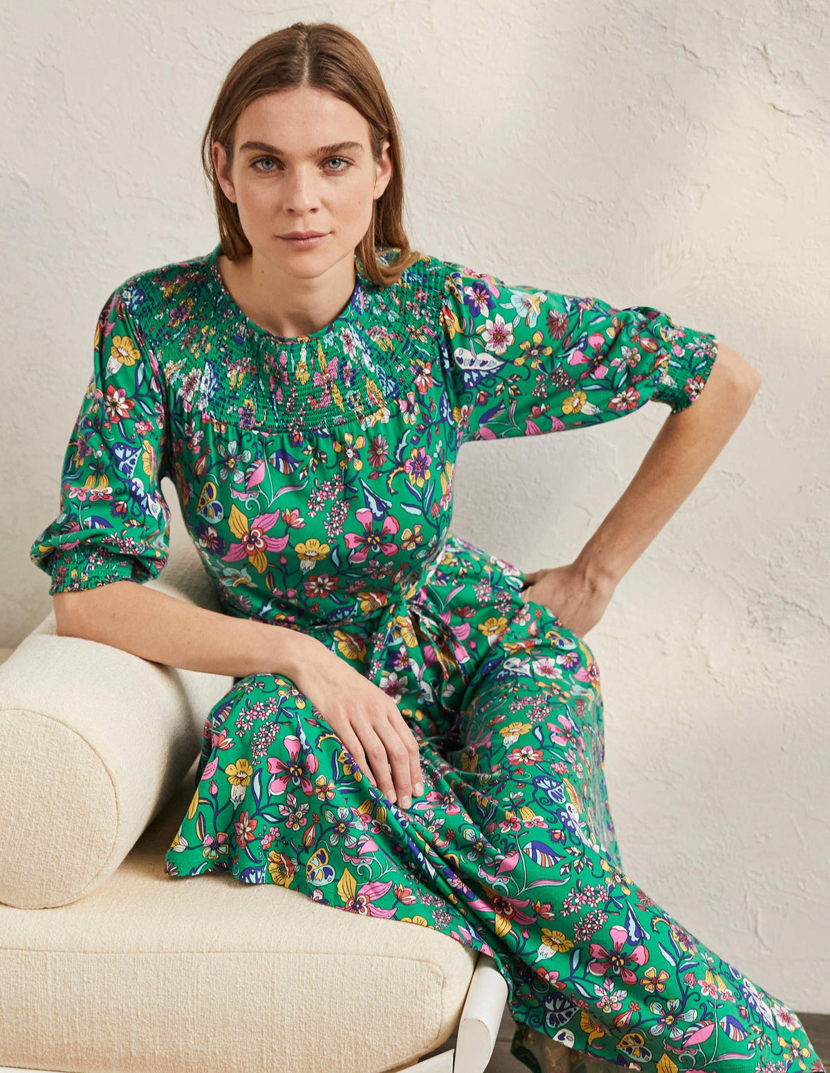 Smocked Neck Jersey Midi Dress-Highland Green Floral-1