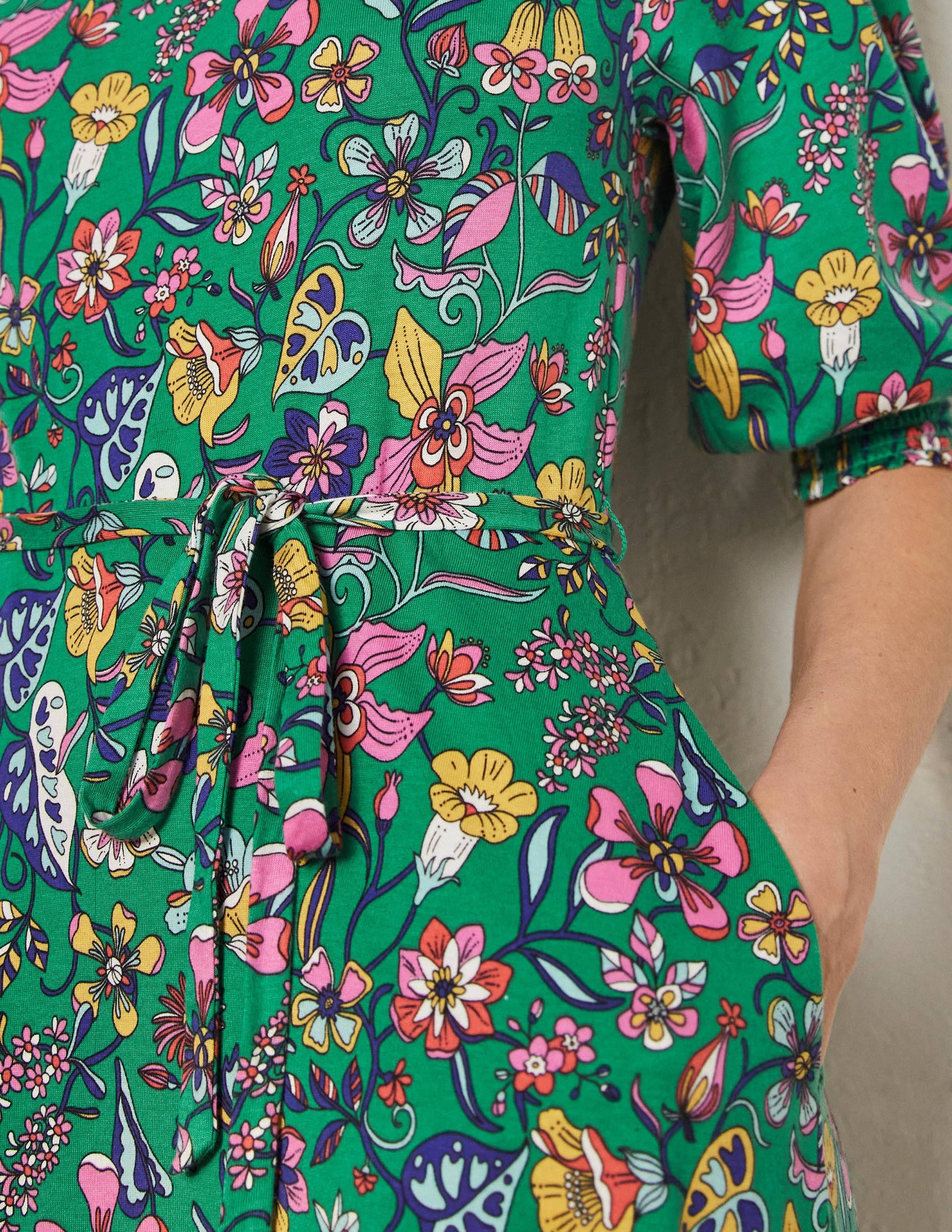 Smocked Neck Jersey Midi Dress-Highland Green Floral-2