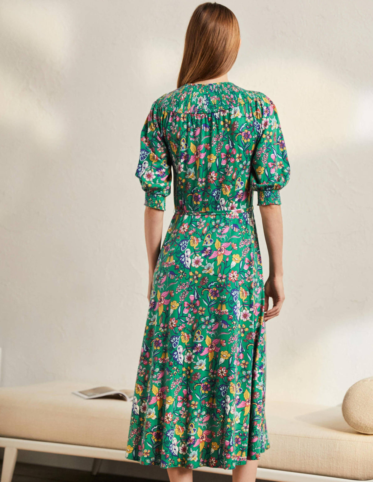 Smocked Neck Jersey Midi Dress-Highland Green Floral-3