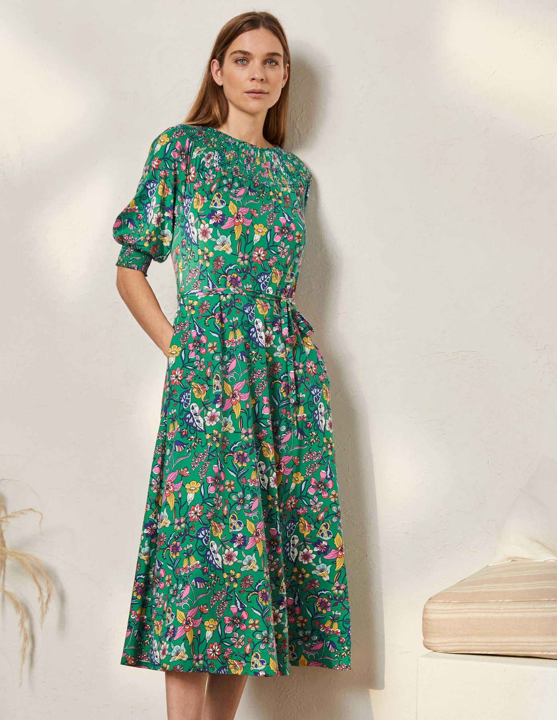 Smocked Neck Jersey Midi Dress-Highland Green Floral-4